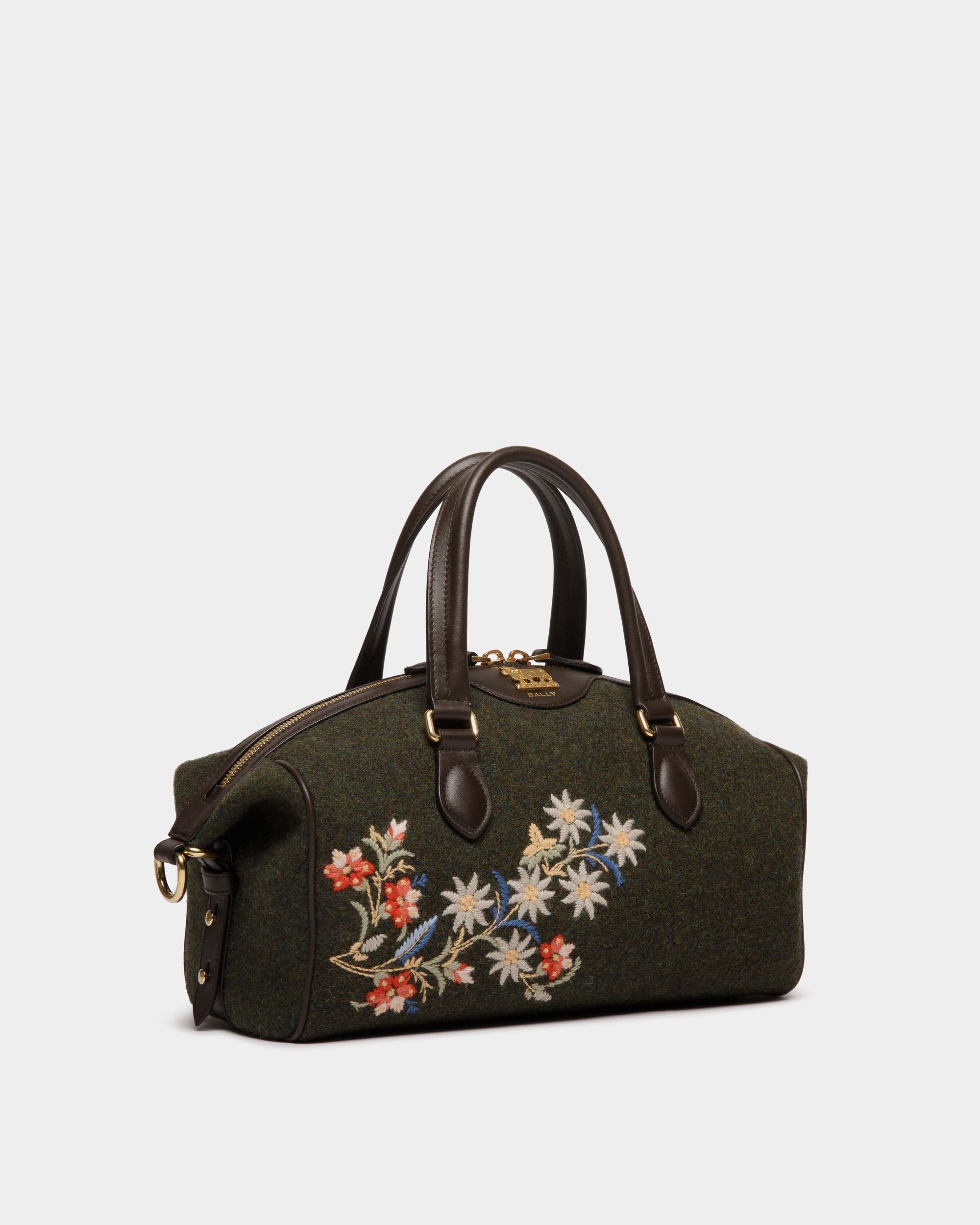 Winter Capsule Top Handle Bag in Dark Green and Ebano Wool and Leather With Alpine Flowers - Women's - Bally - 04