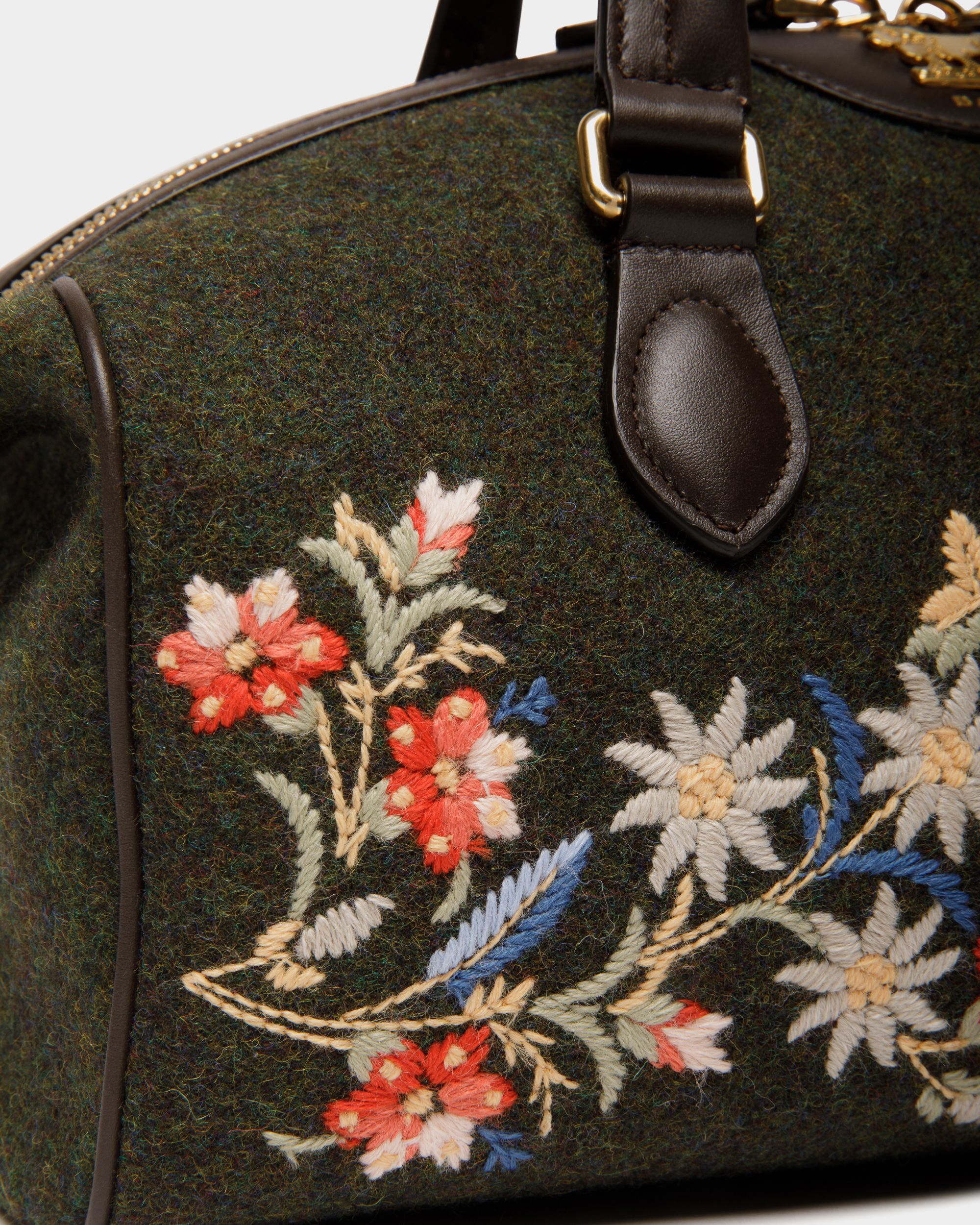 Winter Capsule Top Handle Bag in Dark Green and Ebano Wool and Leather With Alpine Flowers - Women's - Bally - 05