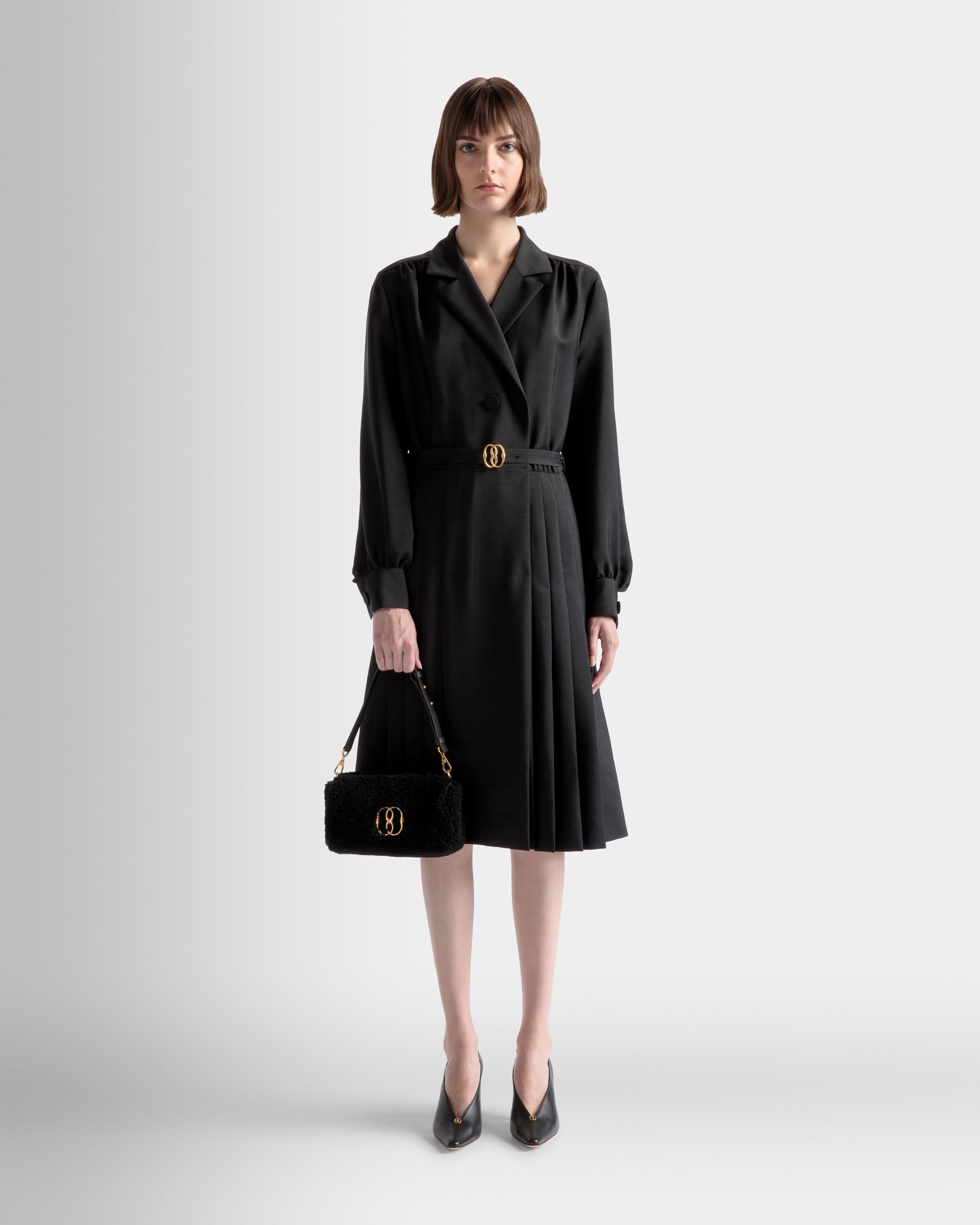 Women's Emblem Minibag In Black Wool | Bally | On Model Front