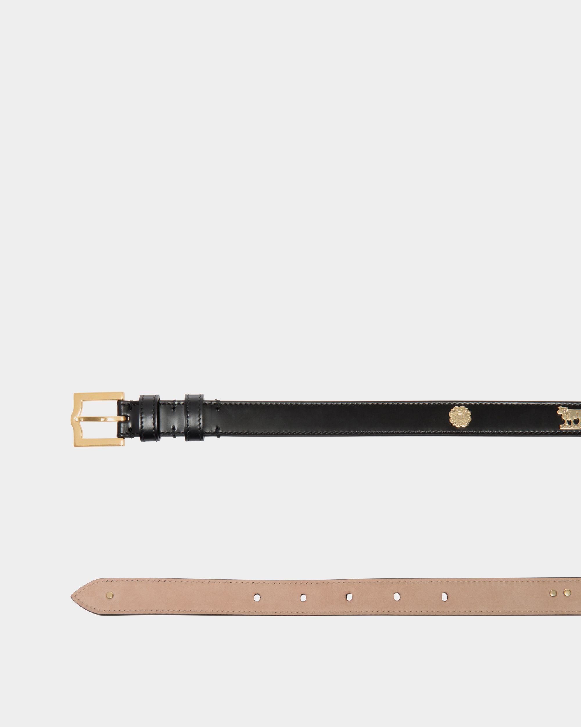 Emblem 85 cm Belt in Black Brushed Leather - Women's - Bally - 02