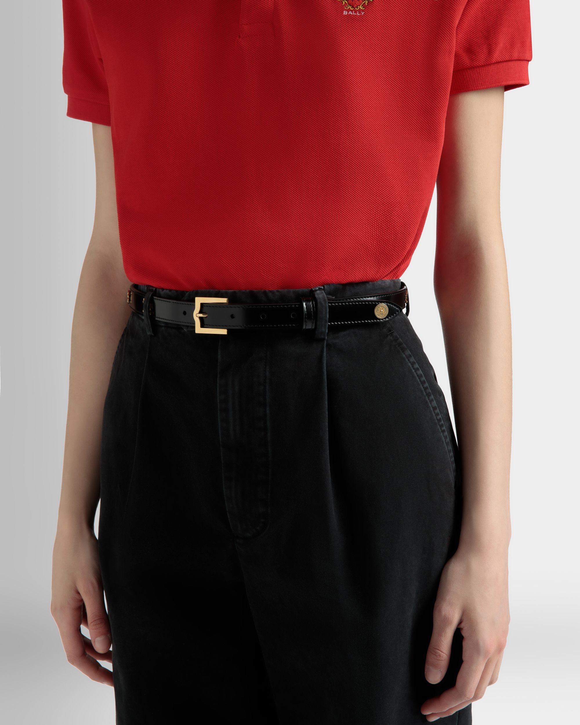 Emblem 105 cm Belt in Black Brushed Leather - Women's - Bally - 03