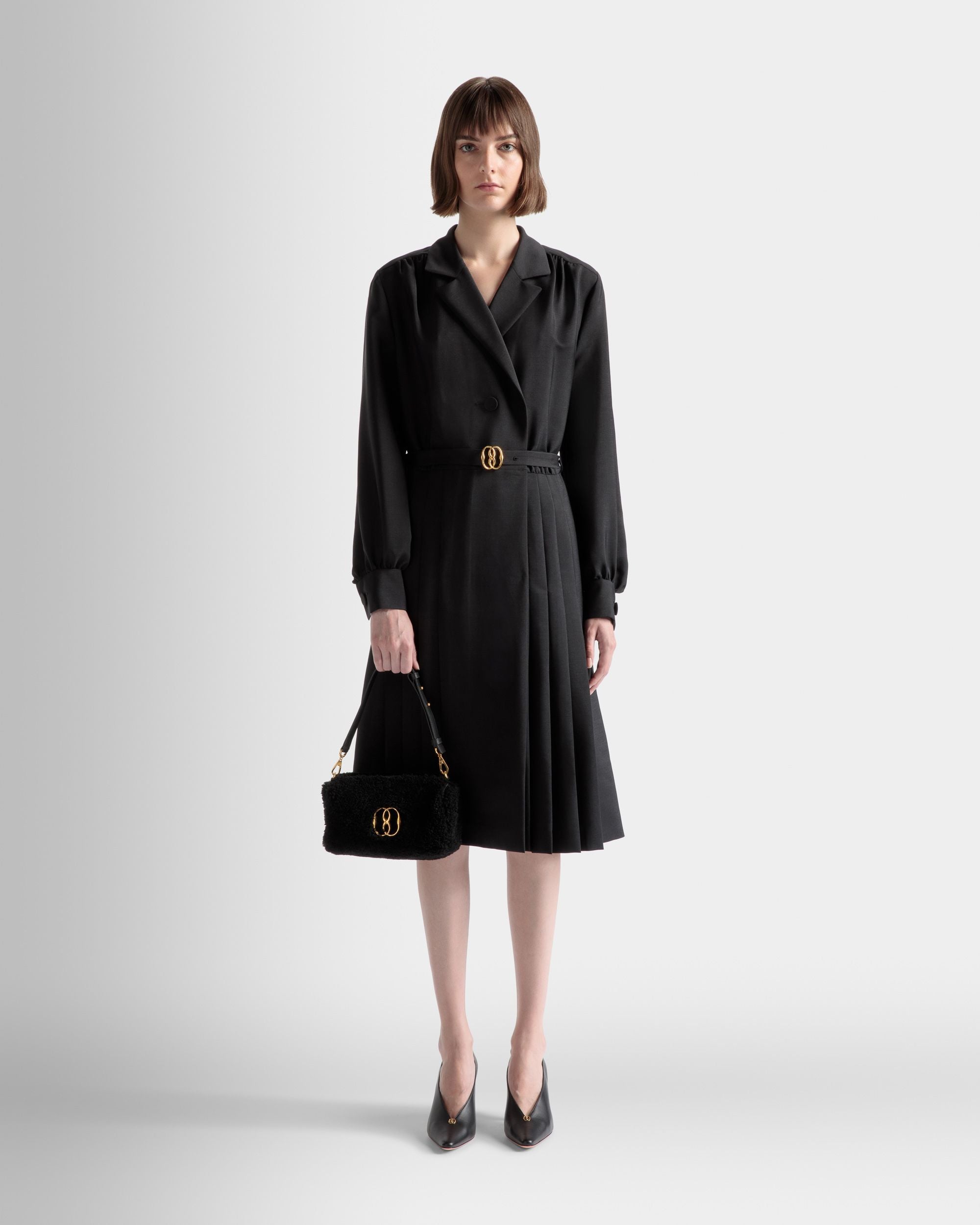 Emblem Kleid Mit Gürtel Aus Schwarzem Mohair-Woll-Gemisch - Damen - Bally - 02