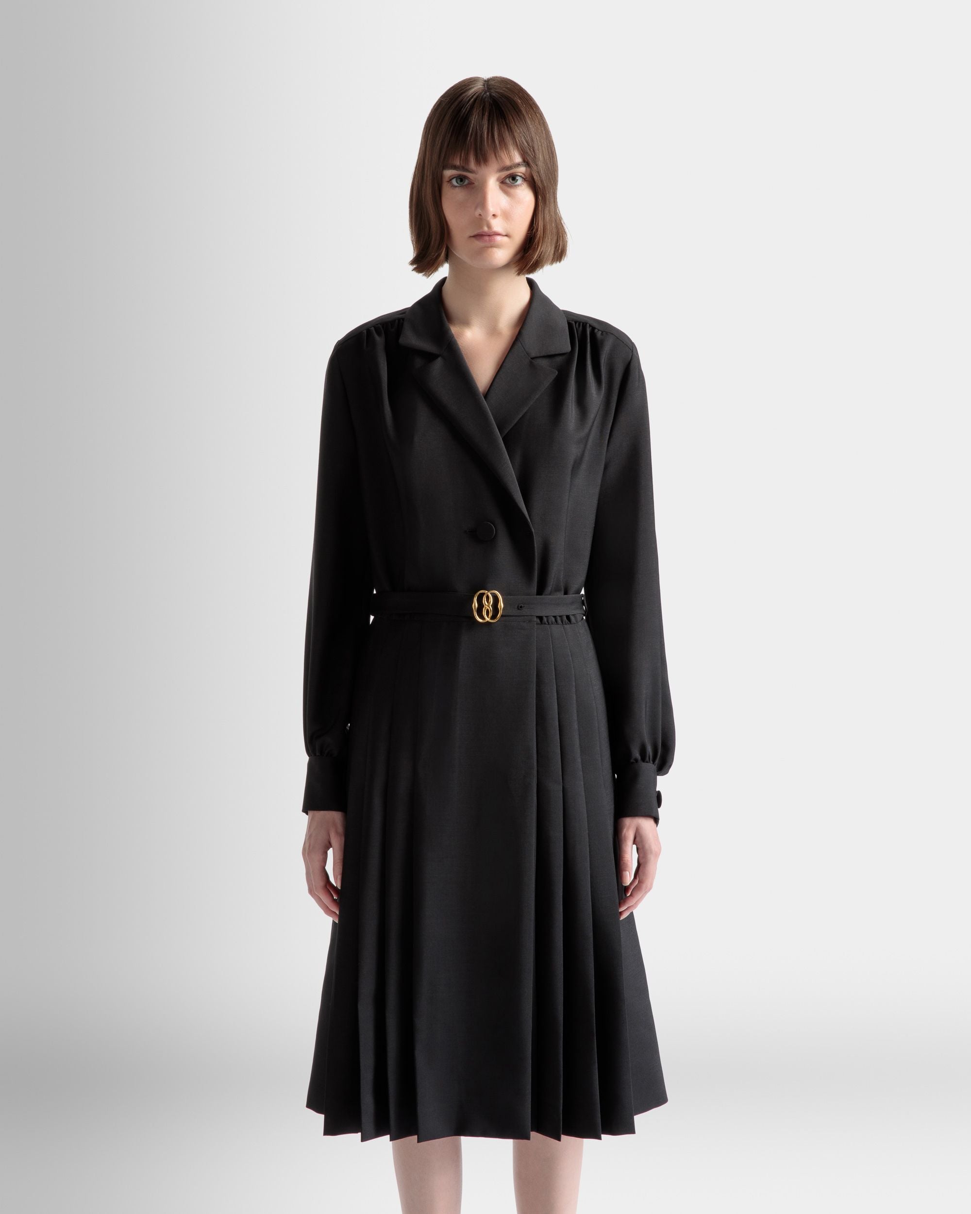 Emblem Kleid Mit Gürtel Aus Schwarzem Mohair-Woll-Gemisch - Damen - Bally - 03