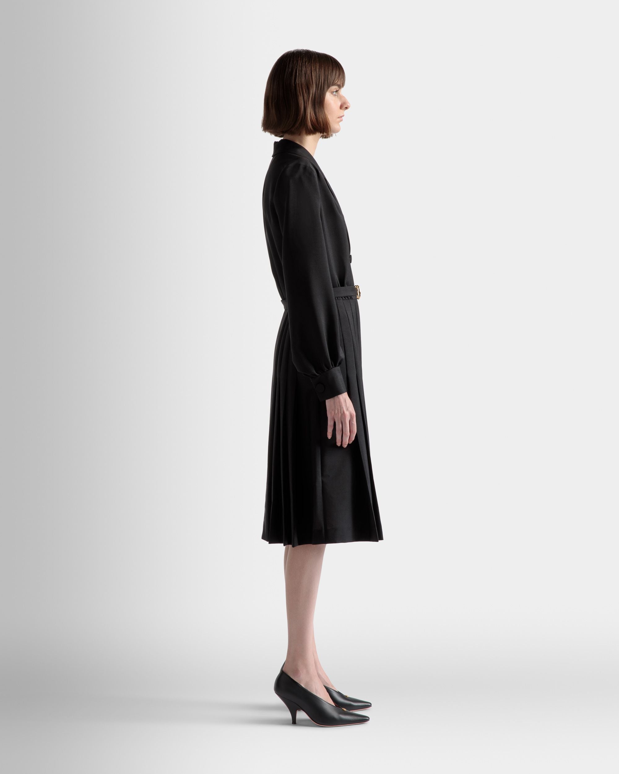 Emblem Kleid Mit Gürtel Aus Schwarzem Mohair-Woll-Gemisch - Damen - Bally - 05
