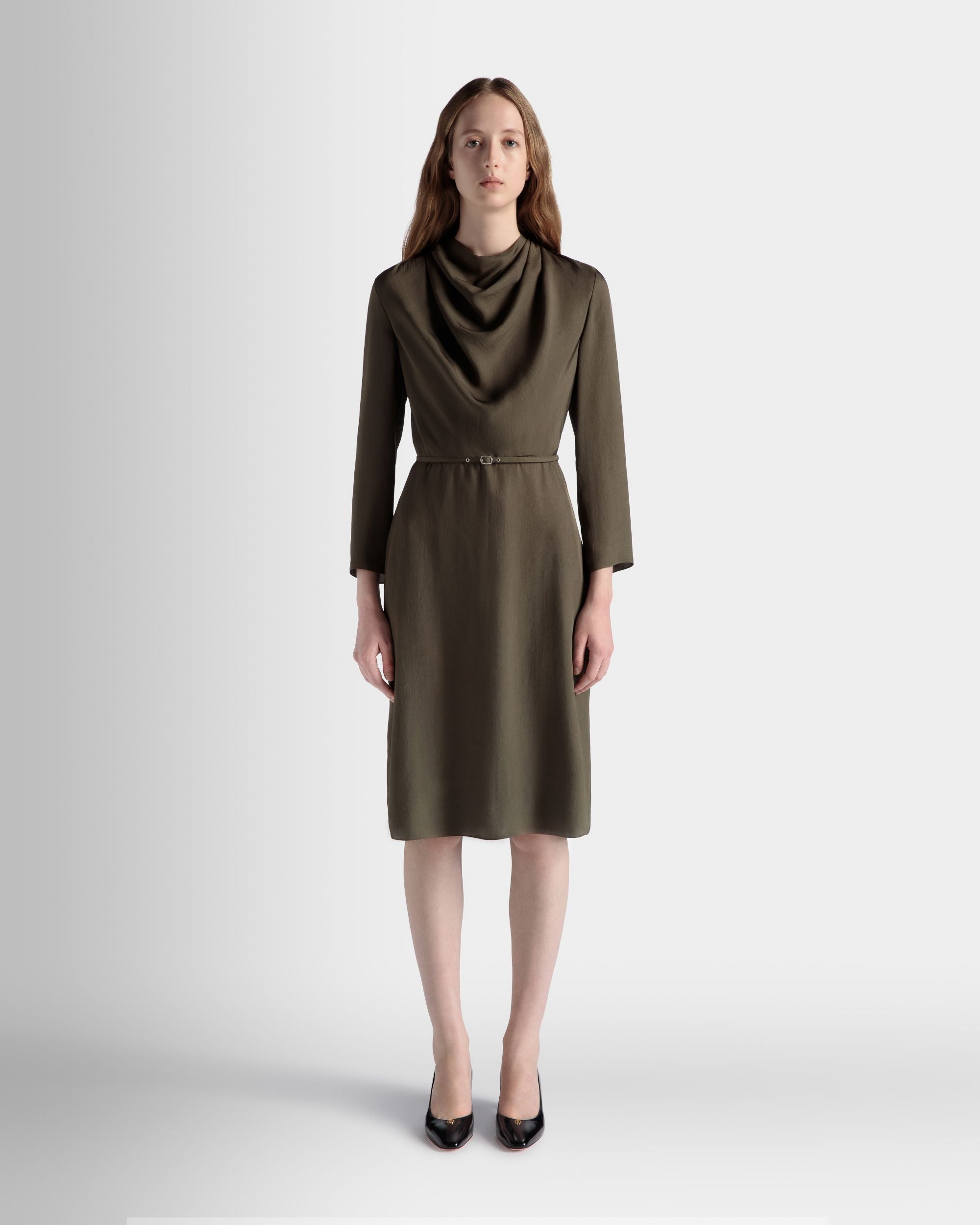 Belted Midi Dress In Military Green Fluid Twill - Women's - Bally - 02