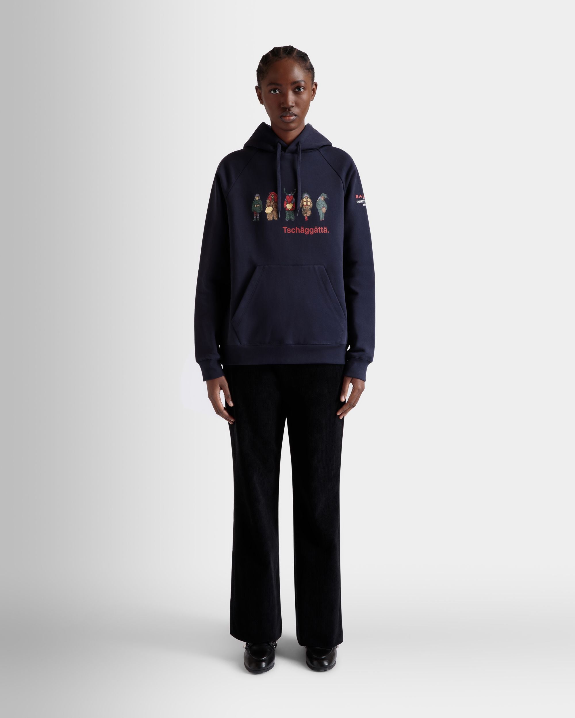 Hoodie with Forest Mask Print In Navy Blue Cotton - Donna - Bally - 02