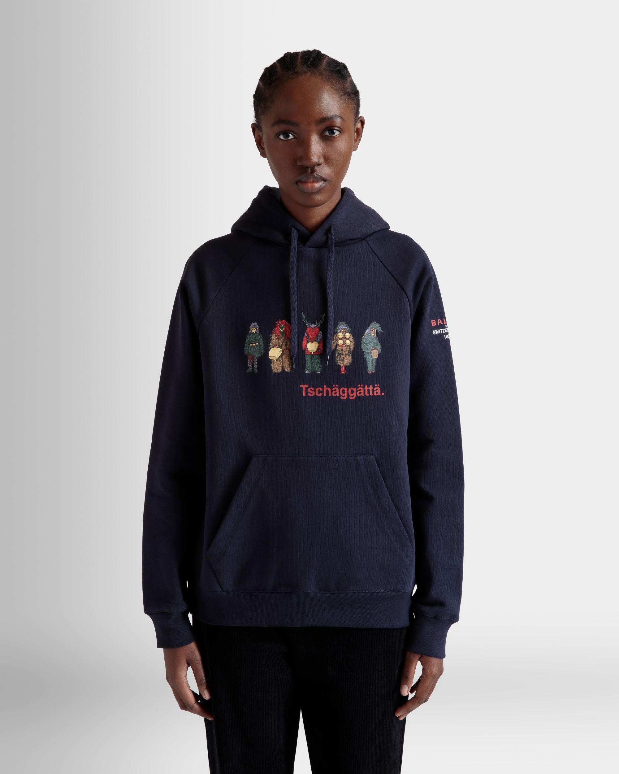 Hoodie with Forest Mask Print In Navy Blue Cotton - Donna - Bally - 03