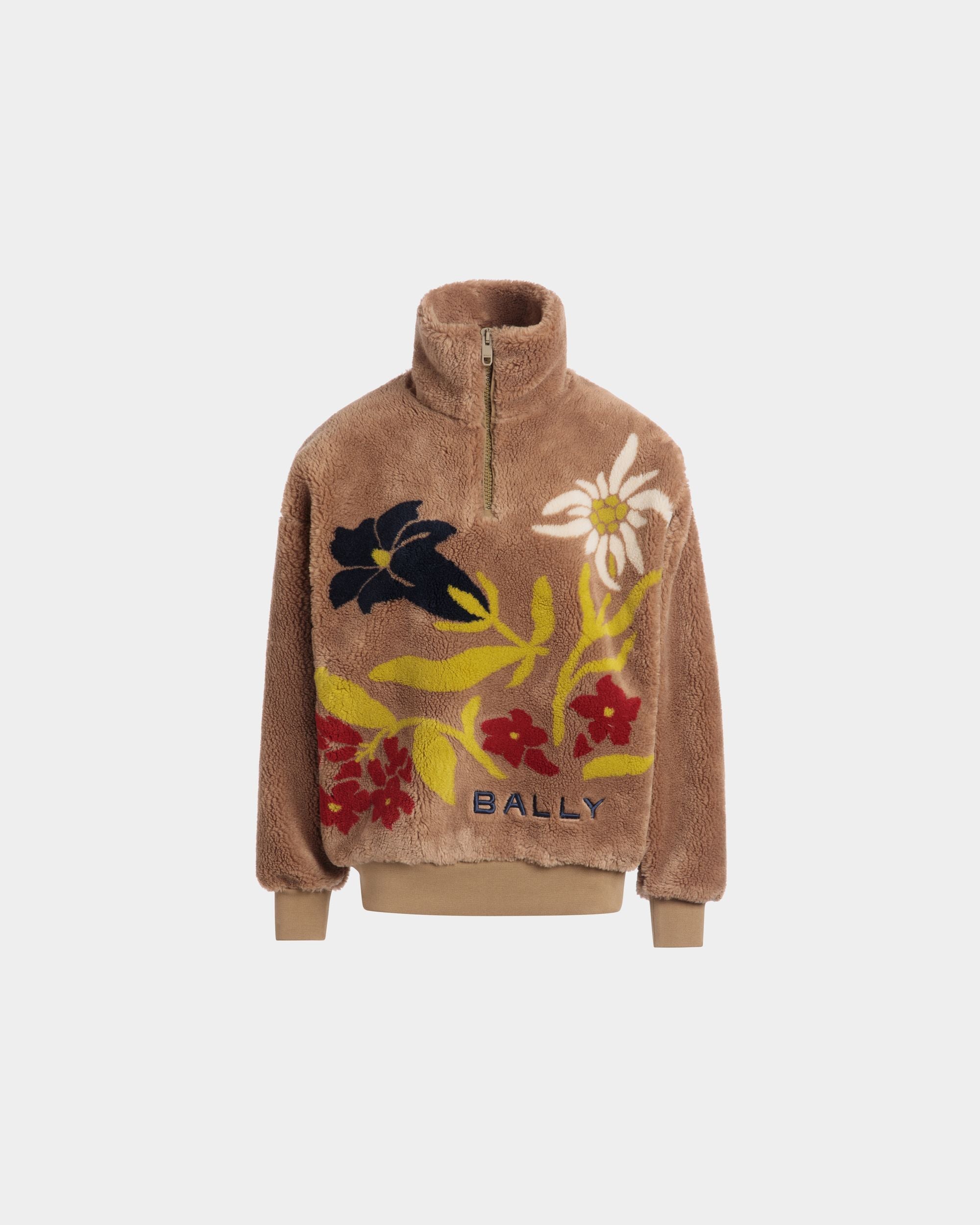 Winter Capsule Half Zip Sweatshirt With Alpine Flowers in Camel Fleece - Women's - Bally - 01