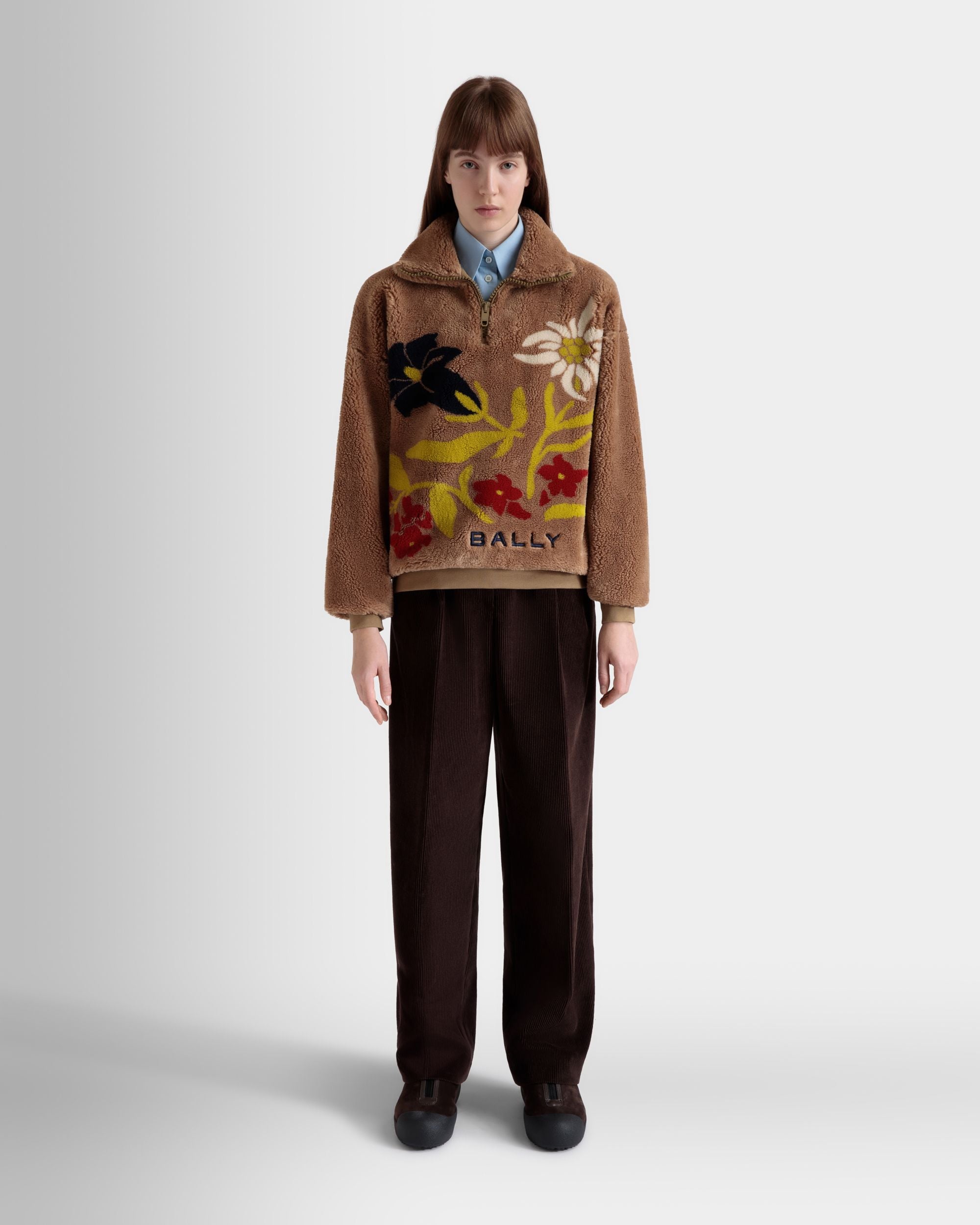 Winter Capsule Half Zip Sweatshirt With Alpine Flowers in Camel Fleece - Women's - Bally - 02