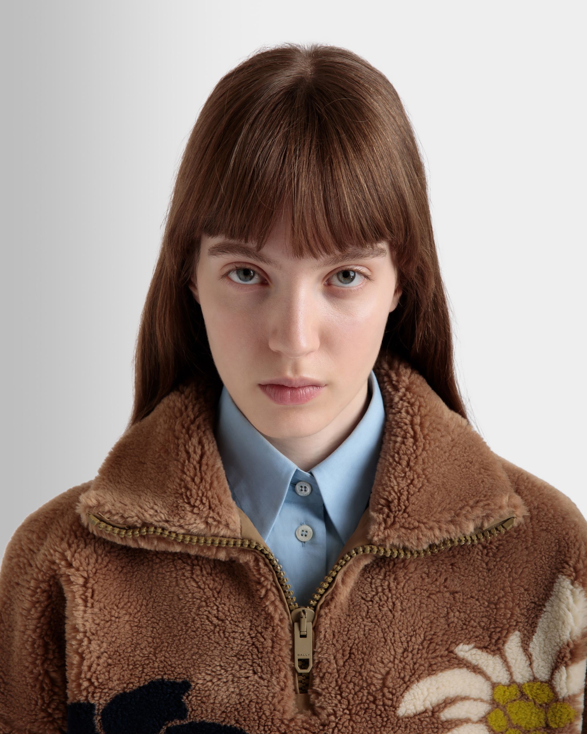 Winter Capsule Half Zip Sweatshirt With Alpine Flowers in Camel Fleece - Women's - Bally - 03