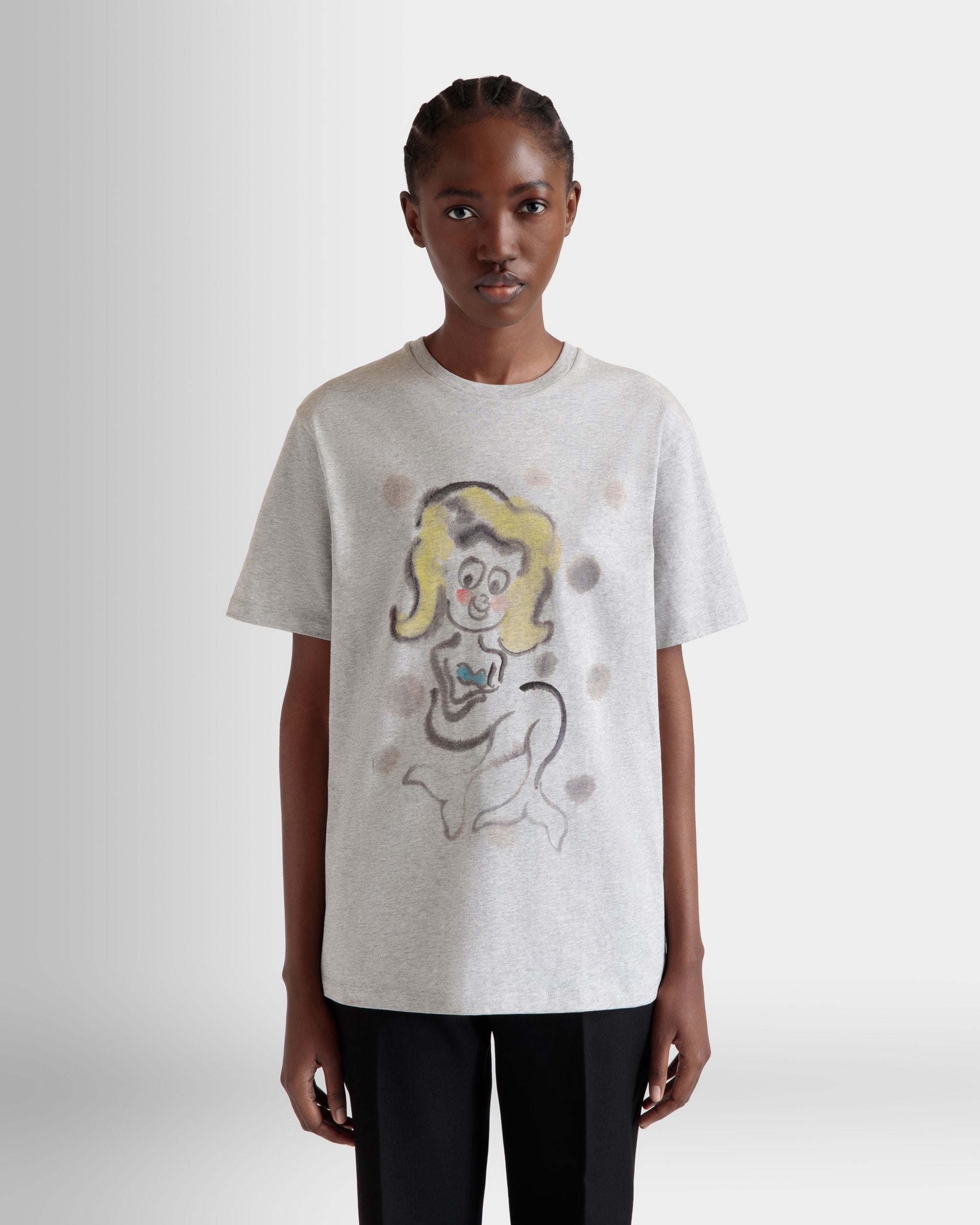 T-Shirt Avec Imprimé Mermaid En Coton Gris Chiné - Femme - Bally - 03