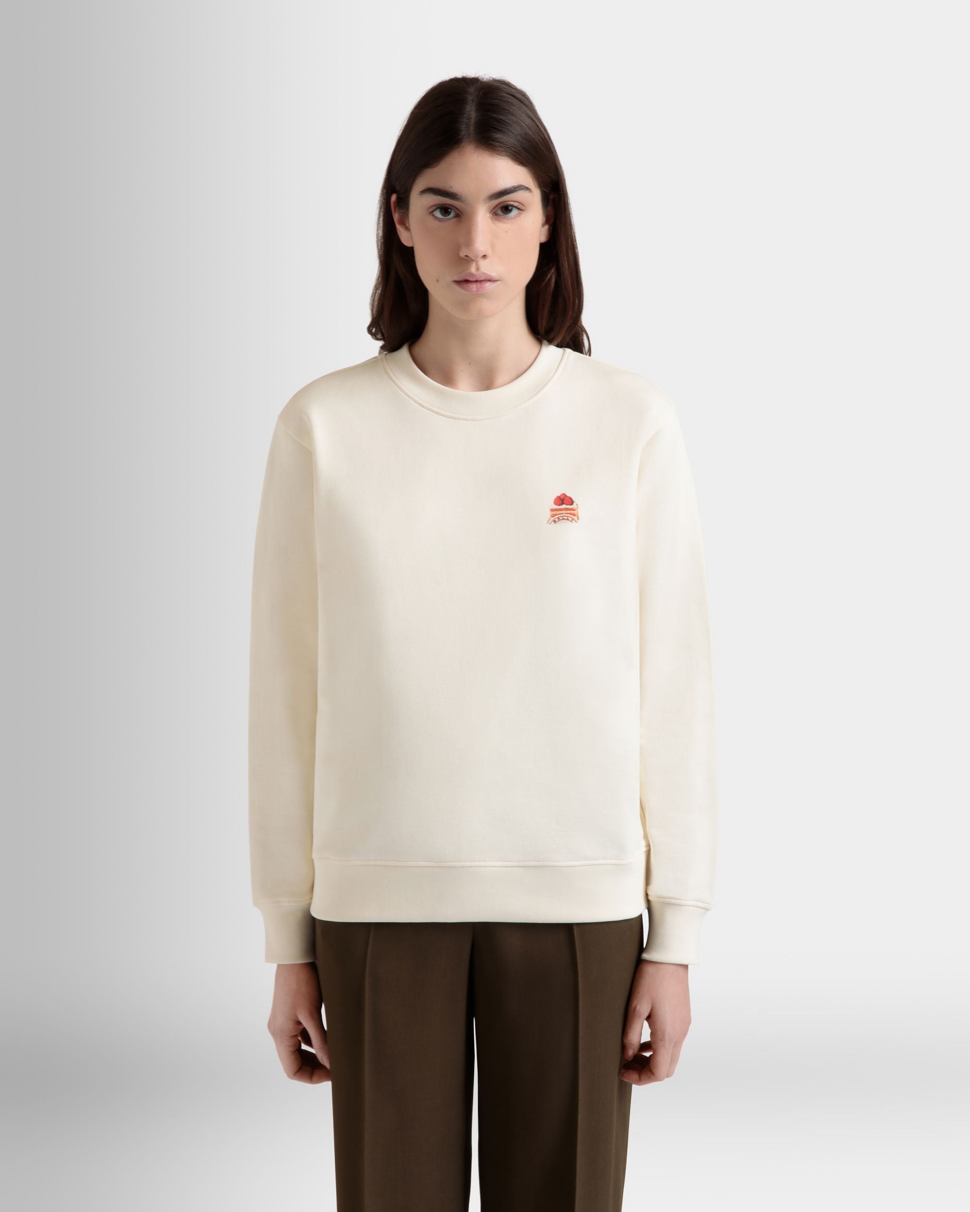 Crewneck Sweatshirt With Bally Cake in Ivory Cotton - Women's - Bally - 09