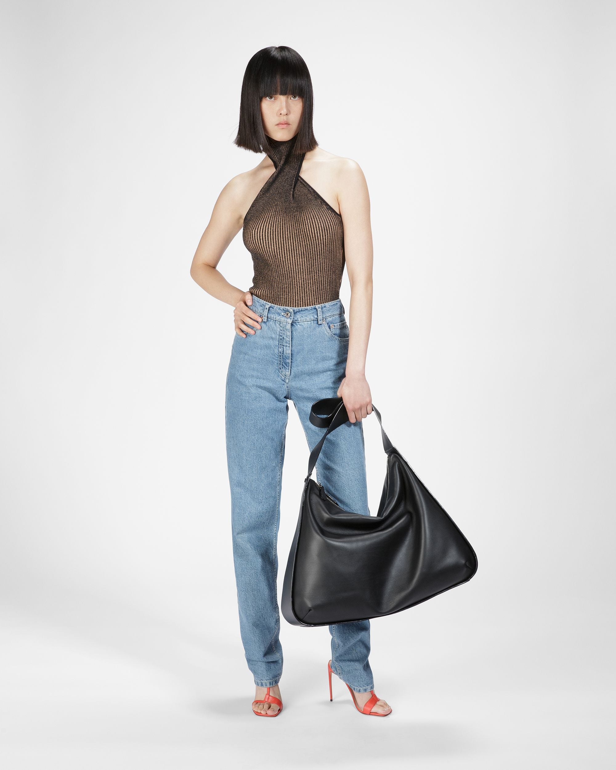 Gerippter Neckholder Aus Seide Und Baumwolle In Schwarz Und Pfirsich - Damen - Bally - 02
