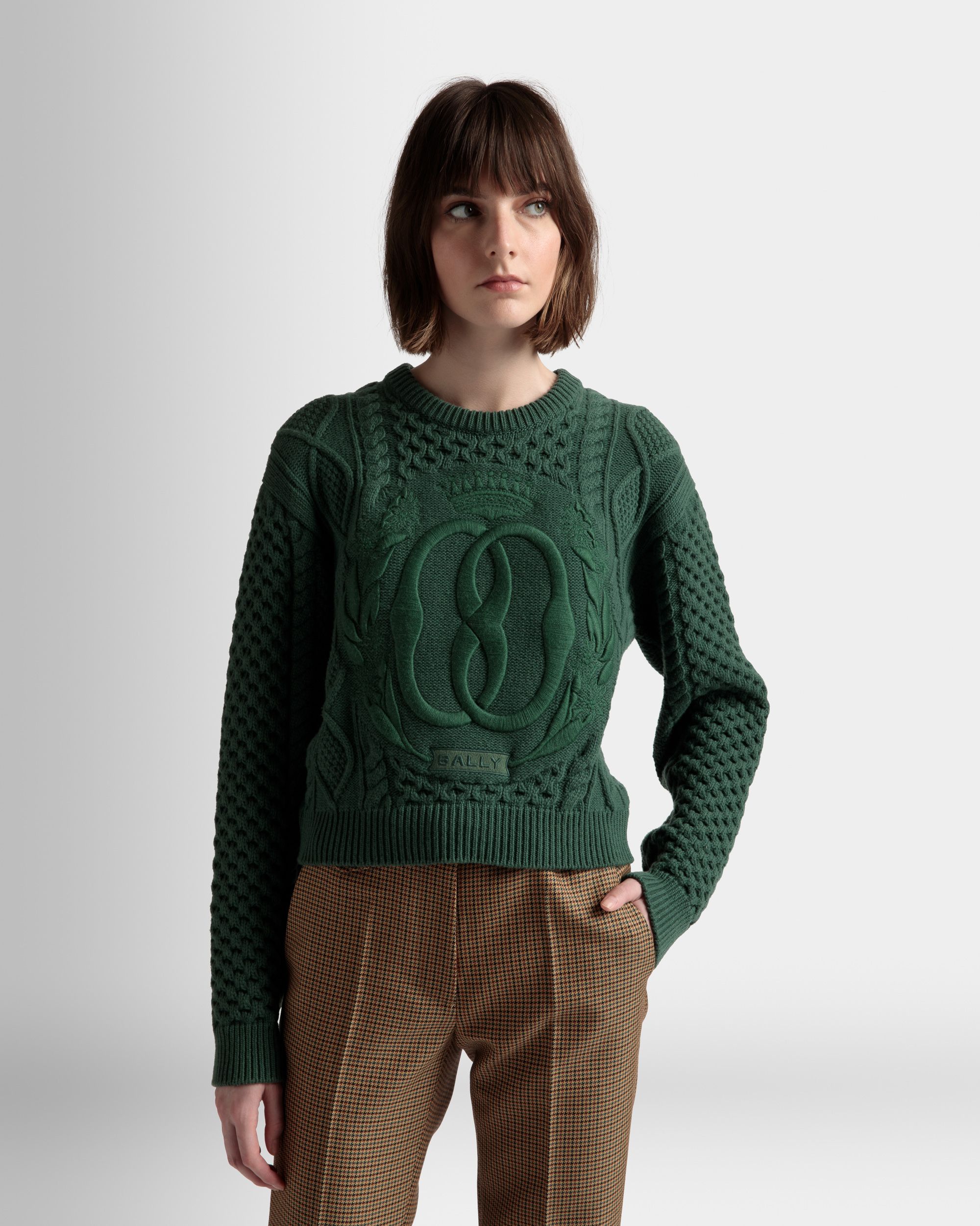 Rundhalspullover Mit Zopfmuster Aus Wolle In Kelly Green - Damen - Bally - 03