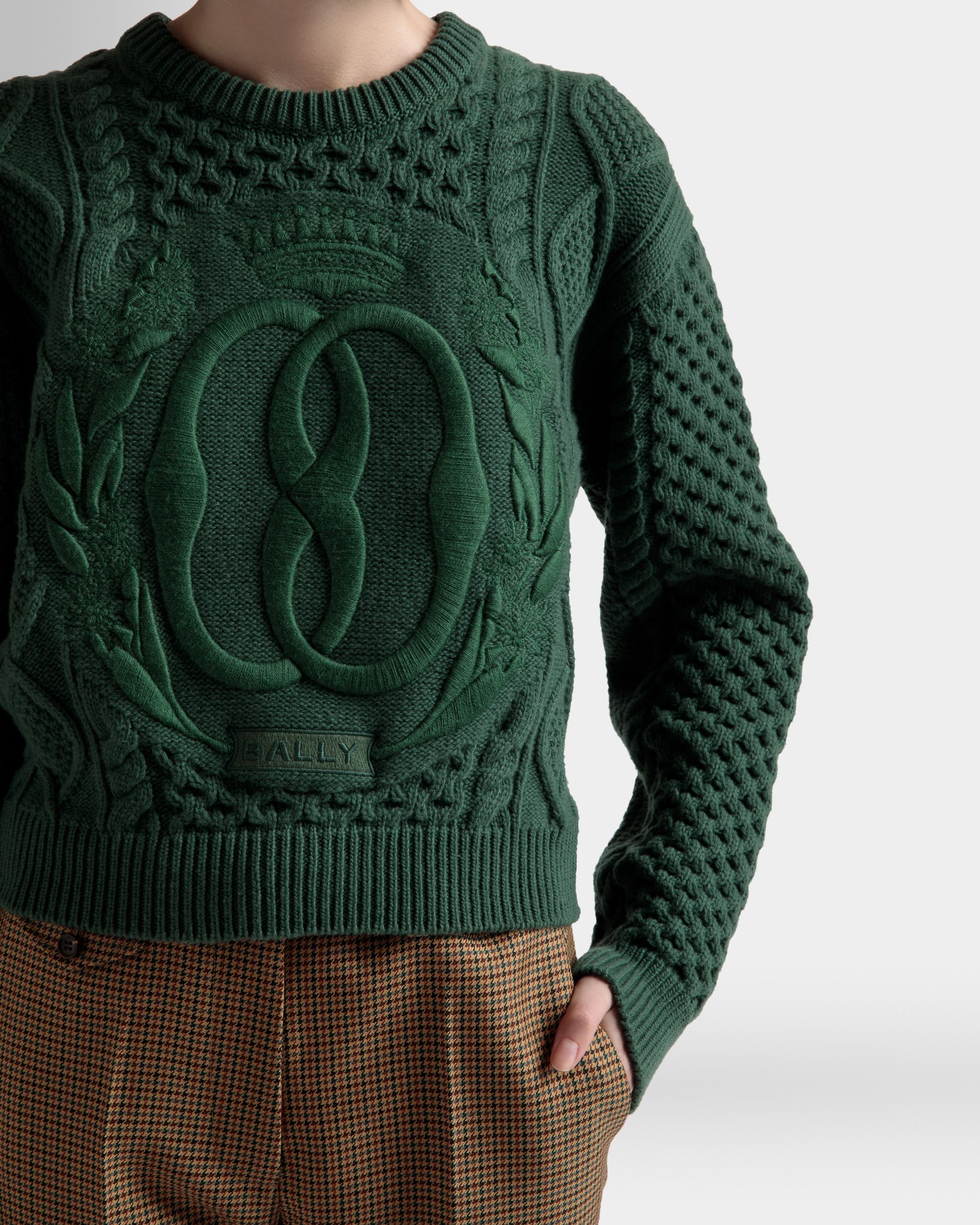 Rundhalspullover Mit Zopfmuster Aus Wolle In Kelly Green - Damen - Bally - 04