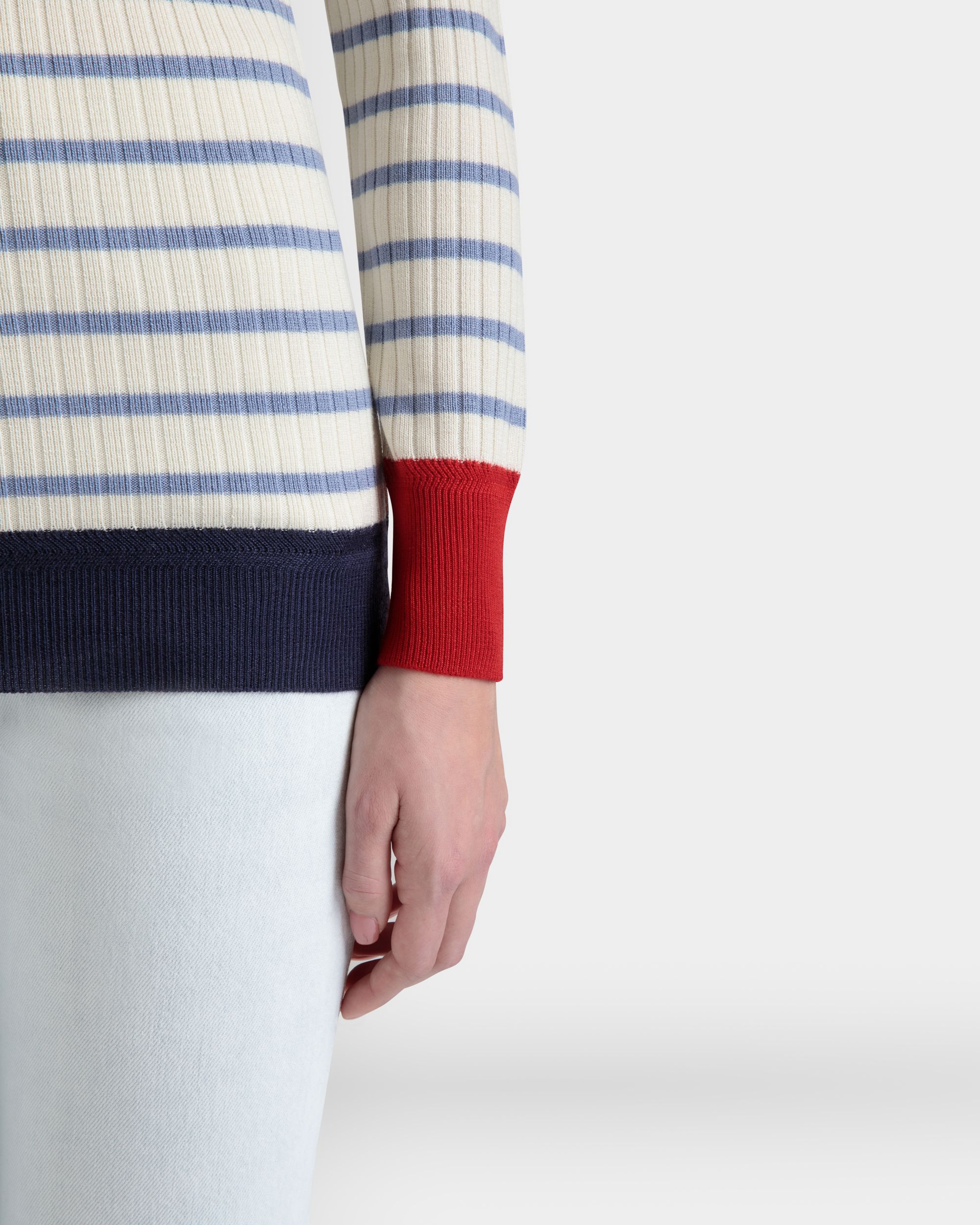Long Sleeve Top in an Ivory And Light Blue Wool Blend - Women's - Bally - 03
