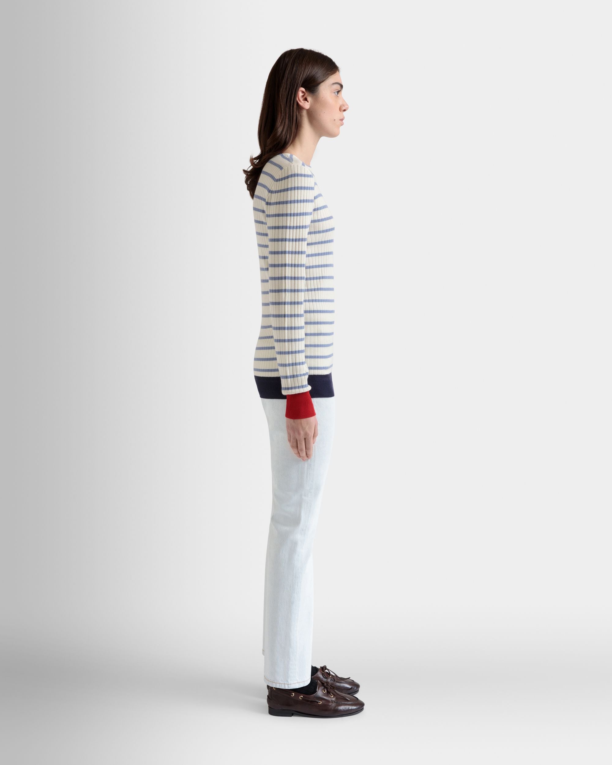Long Sleeve Top in an Ivory And Light Blue Wool Blend - Women's - Bally - 05