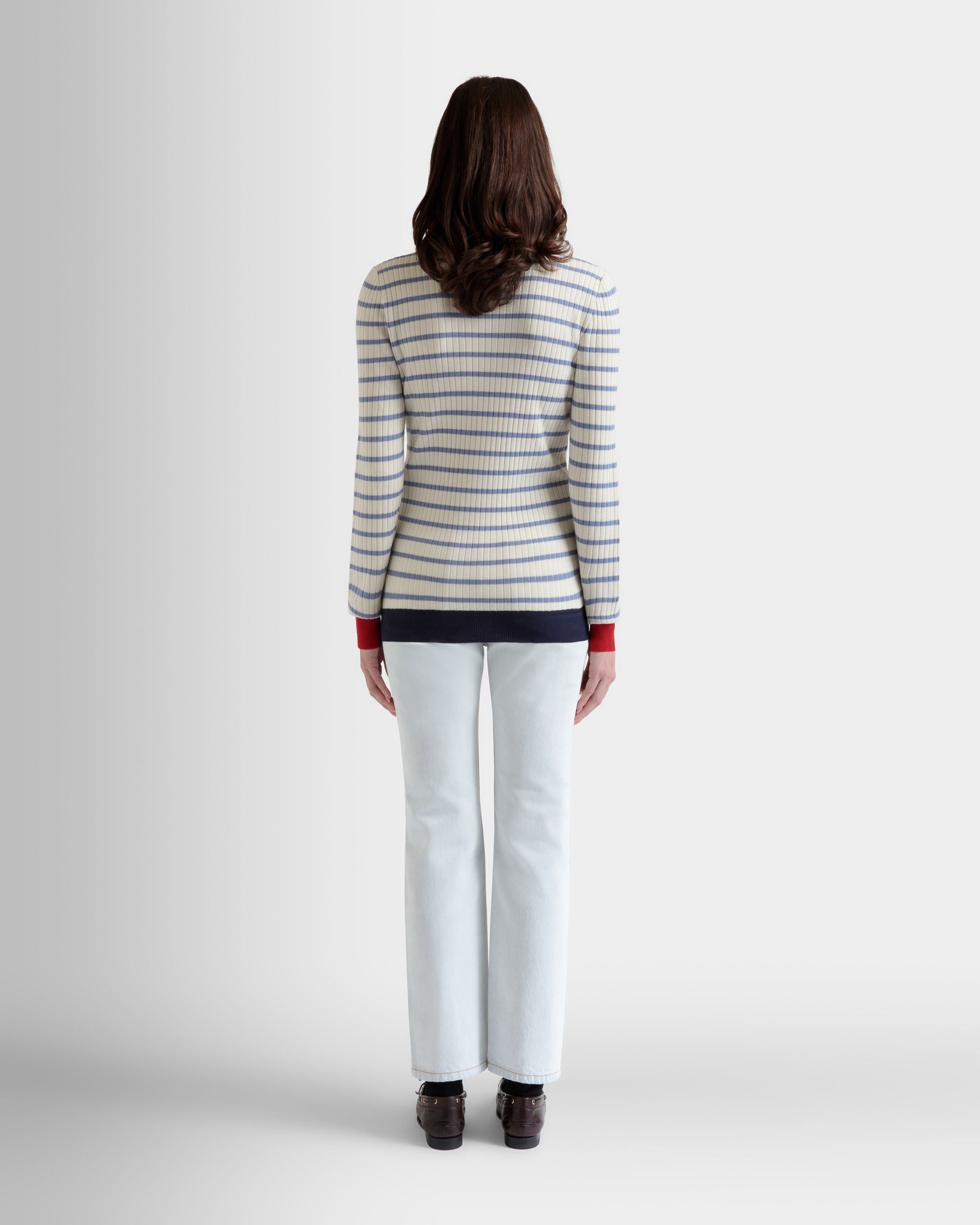 Long Sleeve Top in an Ivory And Light Blue Wool Blend - Women's - Bally - 06