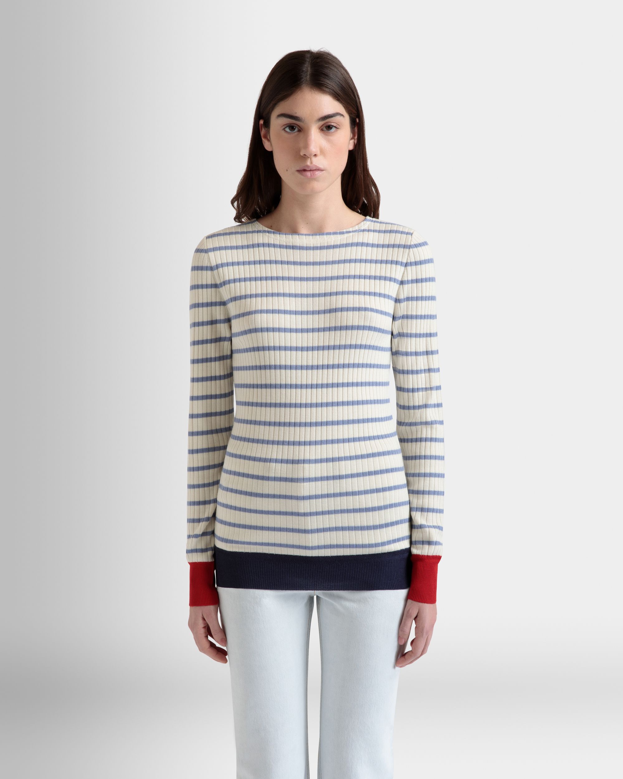 Long Sleeve Top in an Ivory And Light Blue Wool Blend - Women's - Bally - 08