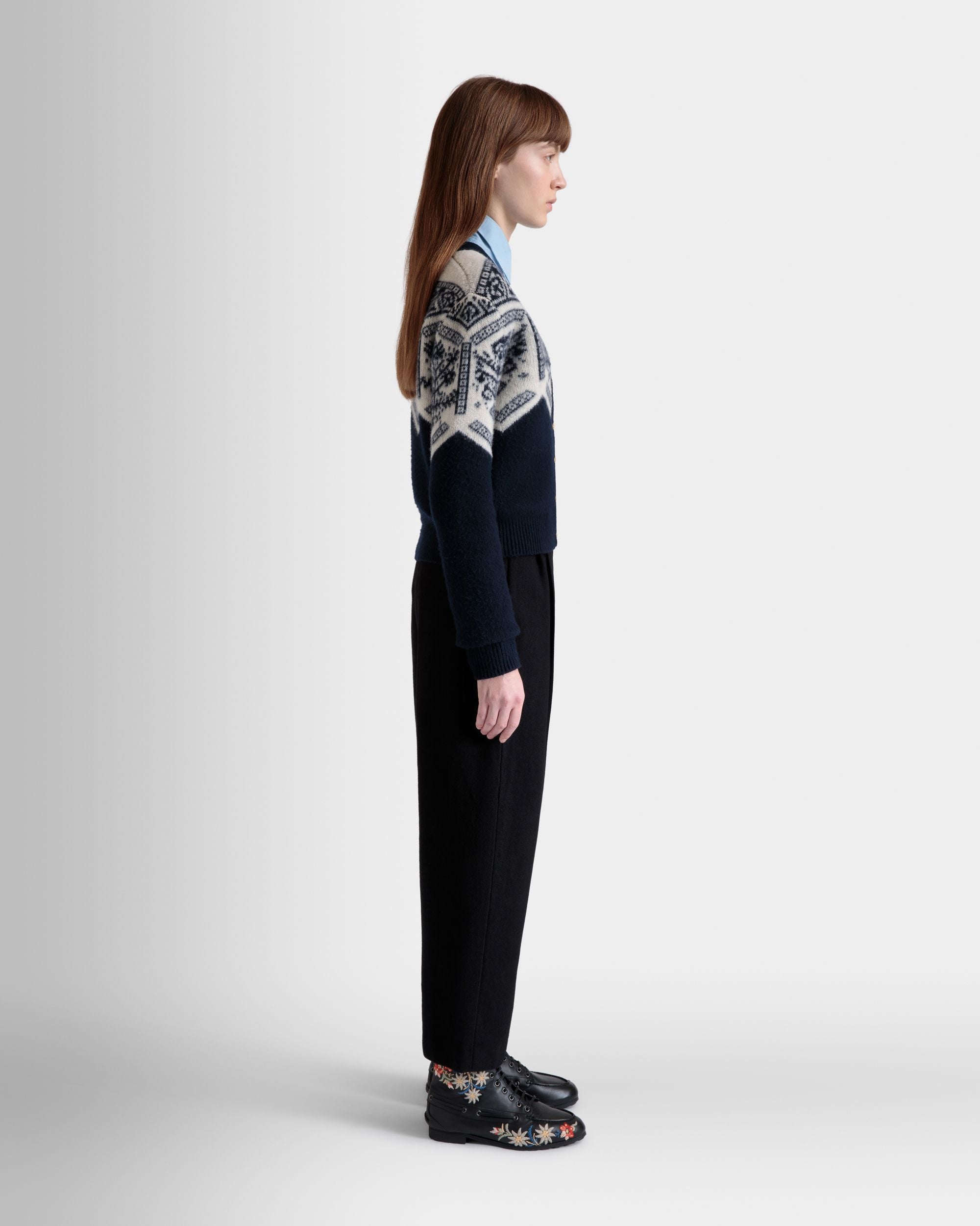 Winter Capsule Cardigan With a Heritage Flower in Navy Blue Wool - Women's - Bally - 05