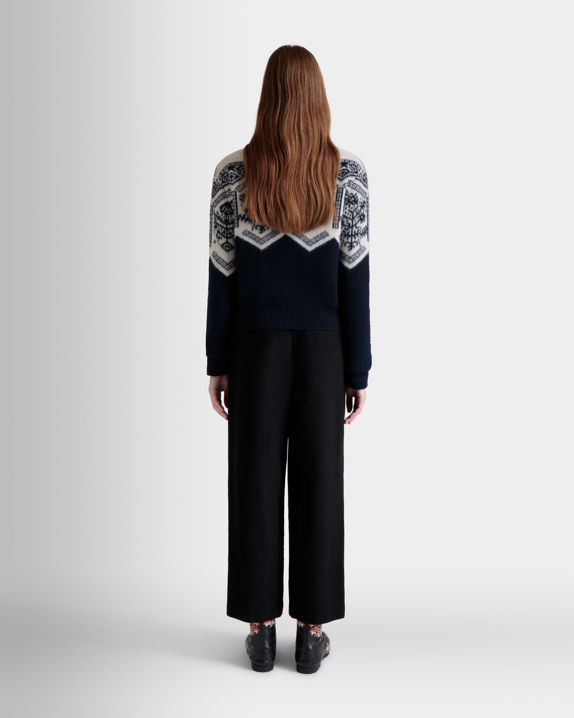 Winter Capsule Cardigan With a Heritage Flower in Navy Blue Wool - Women's - Bally - 06