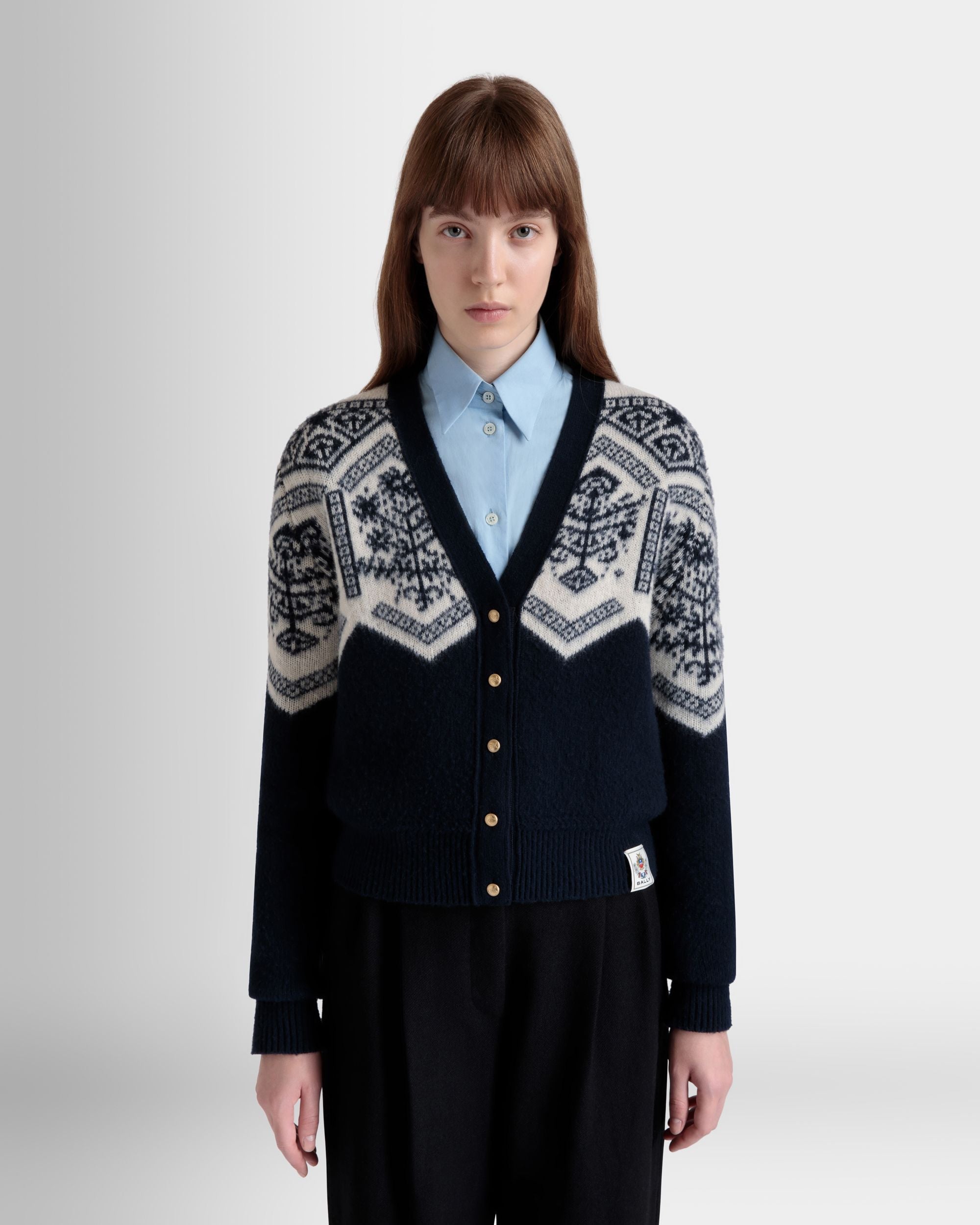 Winter Capsule Cardigan With a Heritage Flower in Navy Blue Wool - Women's - Bally - 08