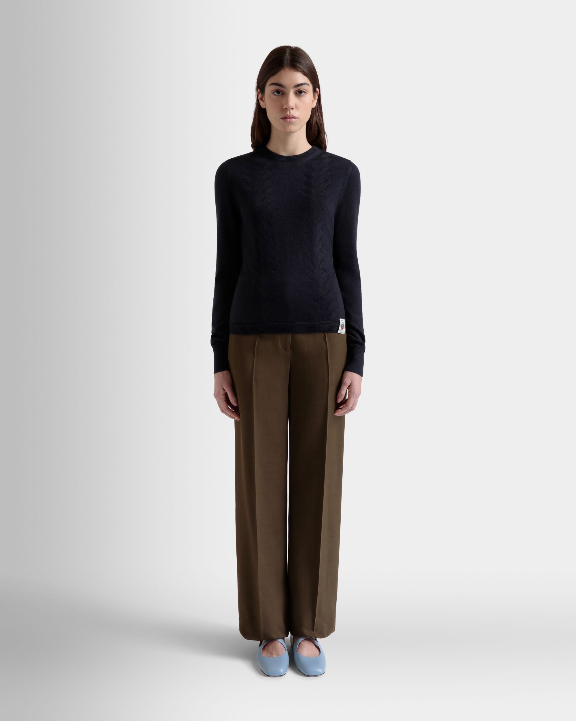 Langärmeliges Top Aus Kaschmir-Seiden-Mix In Navy Blue - Femme - Bally - 02