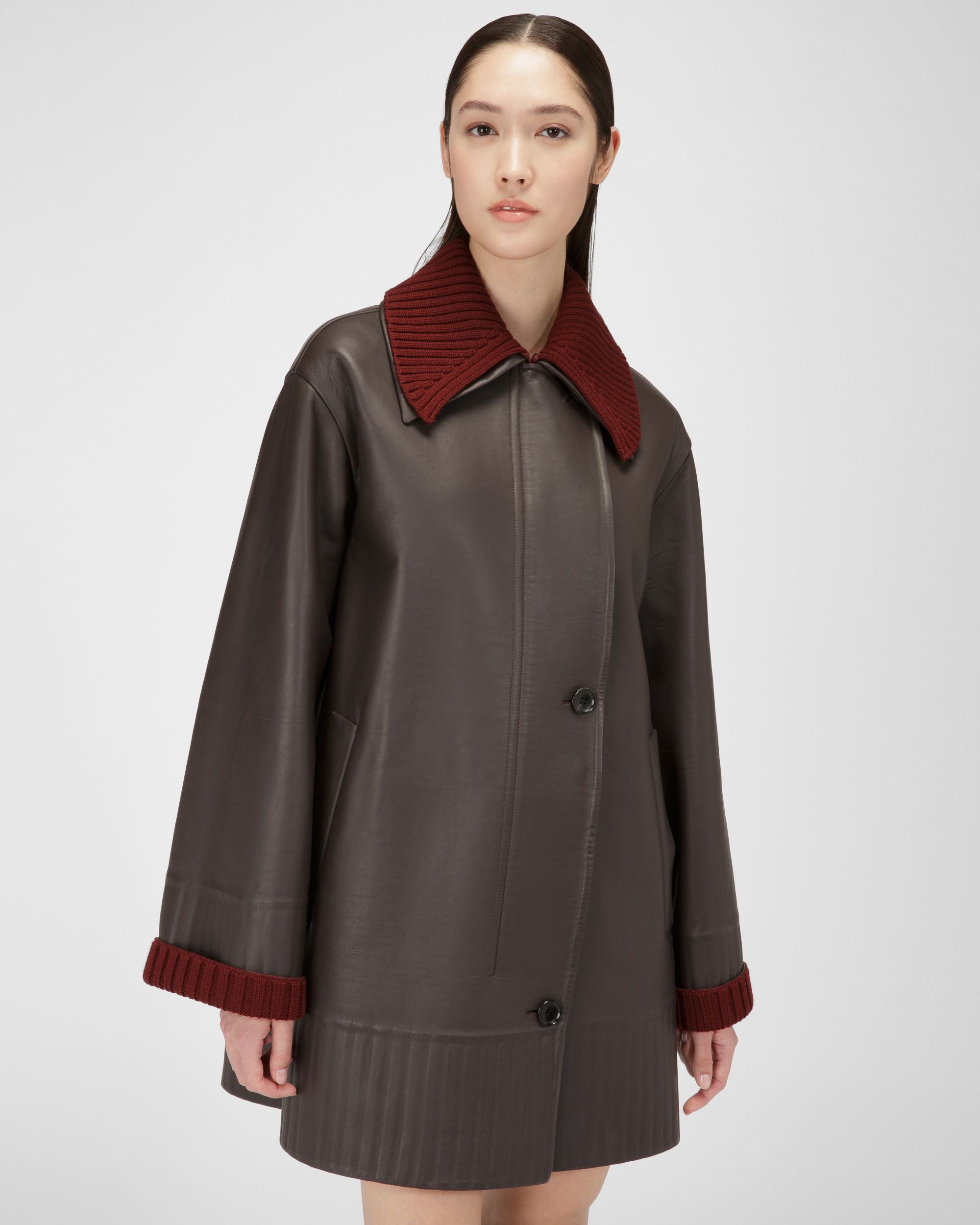 Manteau En Cuir Marron Ébène - Femme - Bally - 01