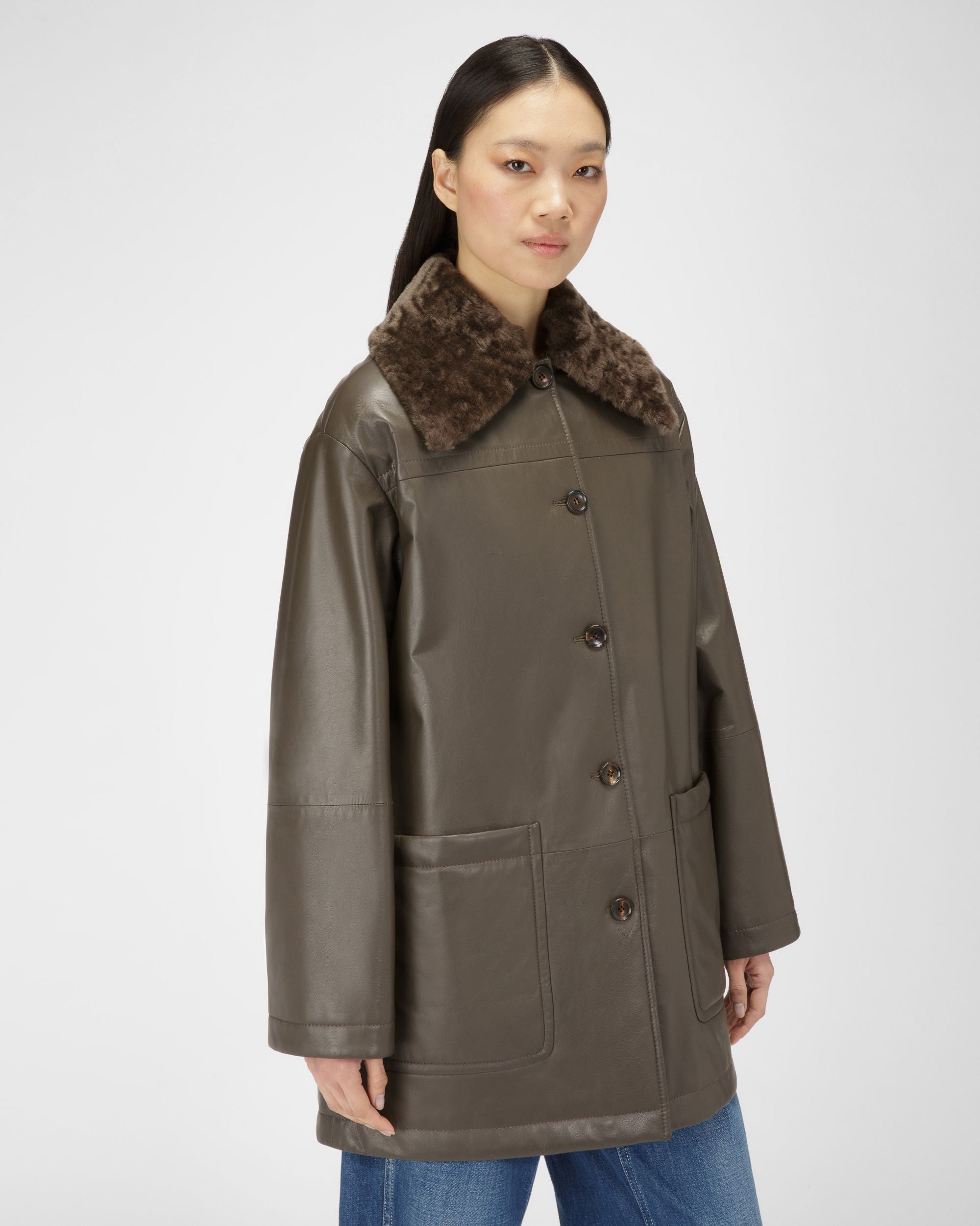 Cappotto Con Collo Shearling In Pelle Marrone - Donna - Bally - 01
