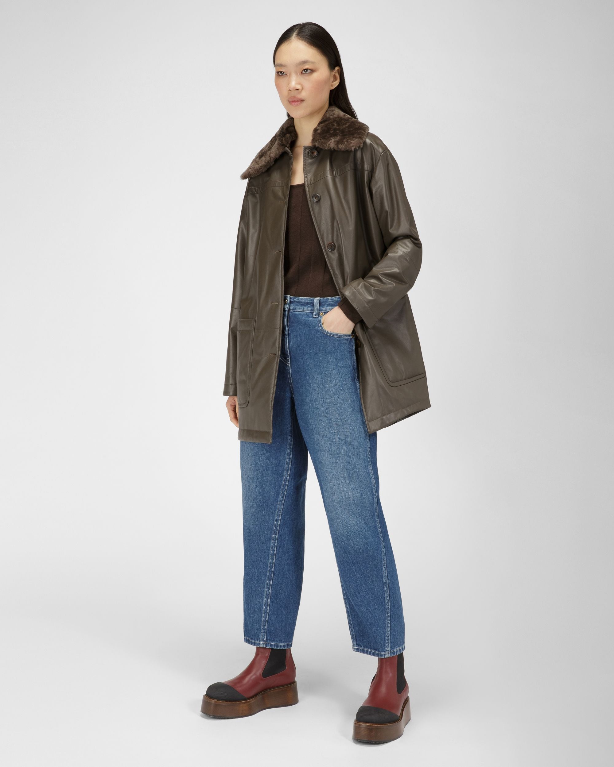 Cappotto Con Collo Shearling In Pelle Marrone - Donna - Bally - 05