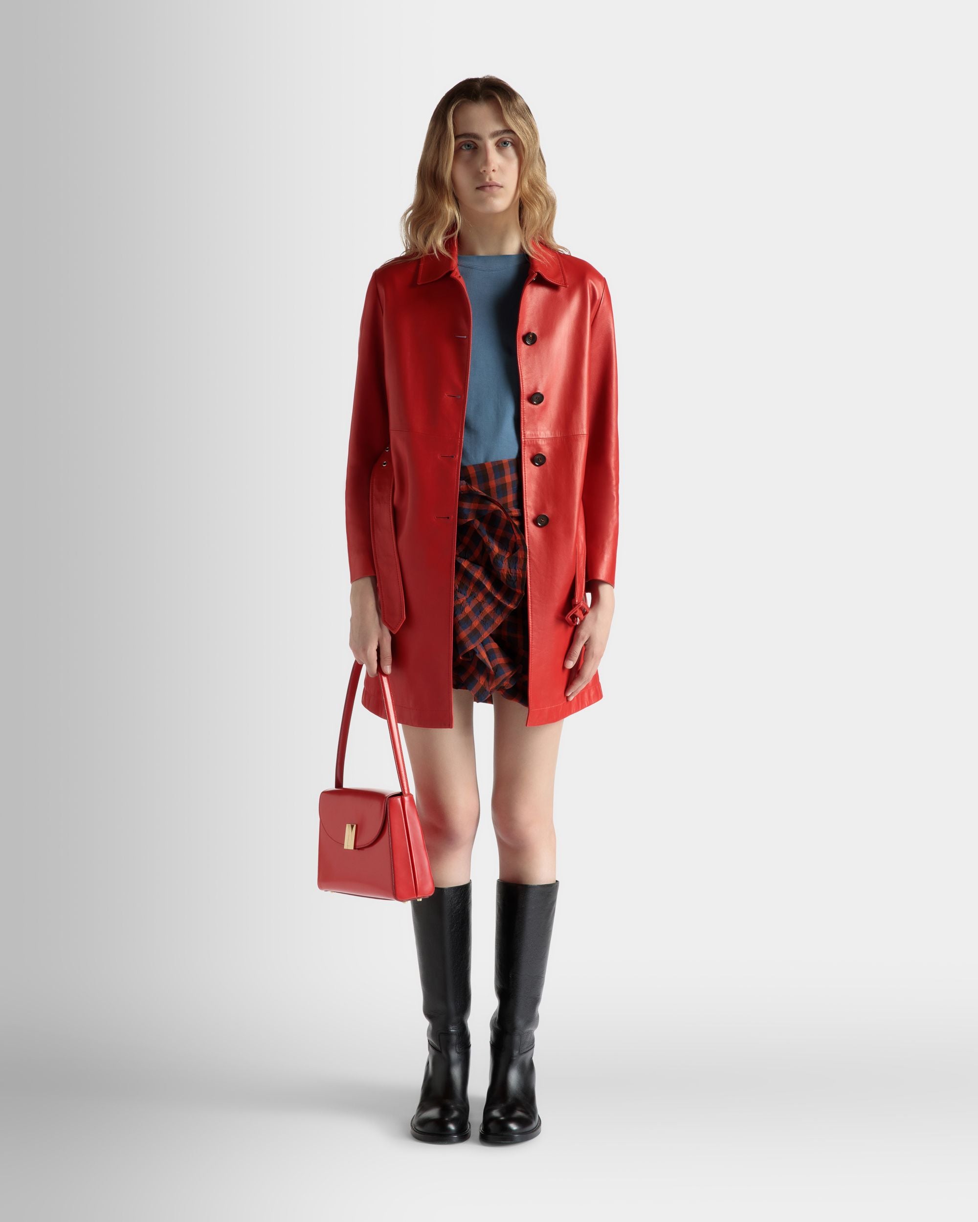 Manteau Midi À Ceinture En Cuir Candy Red - Femme - Bally - 02