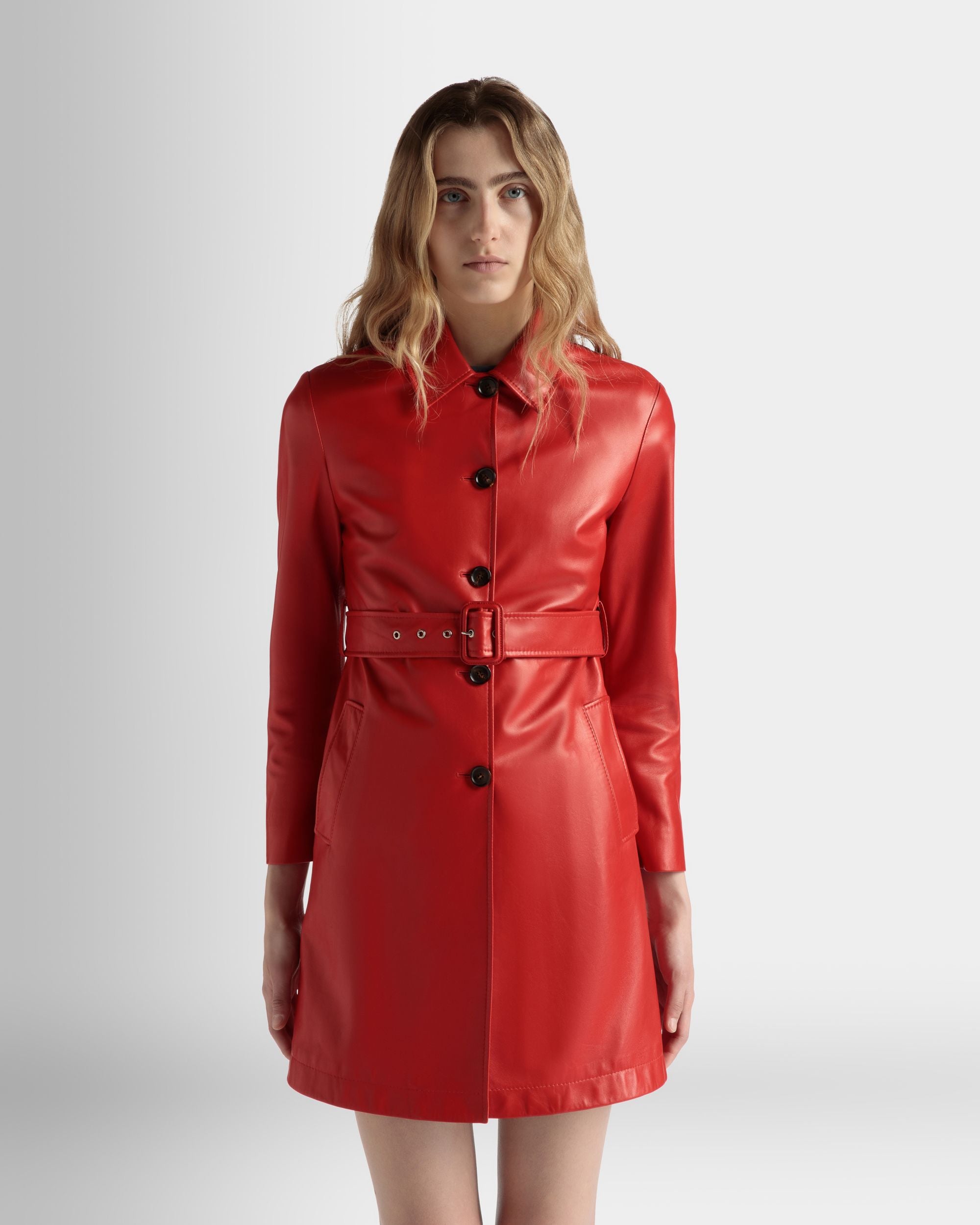 Manteau Midi À Ceinture En Cuir Candy Red - Femme - Bally - 03