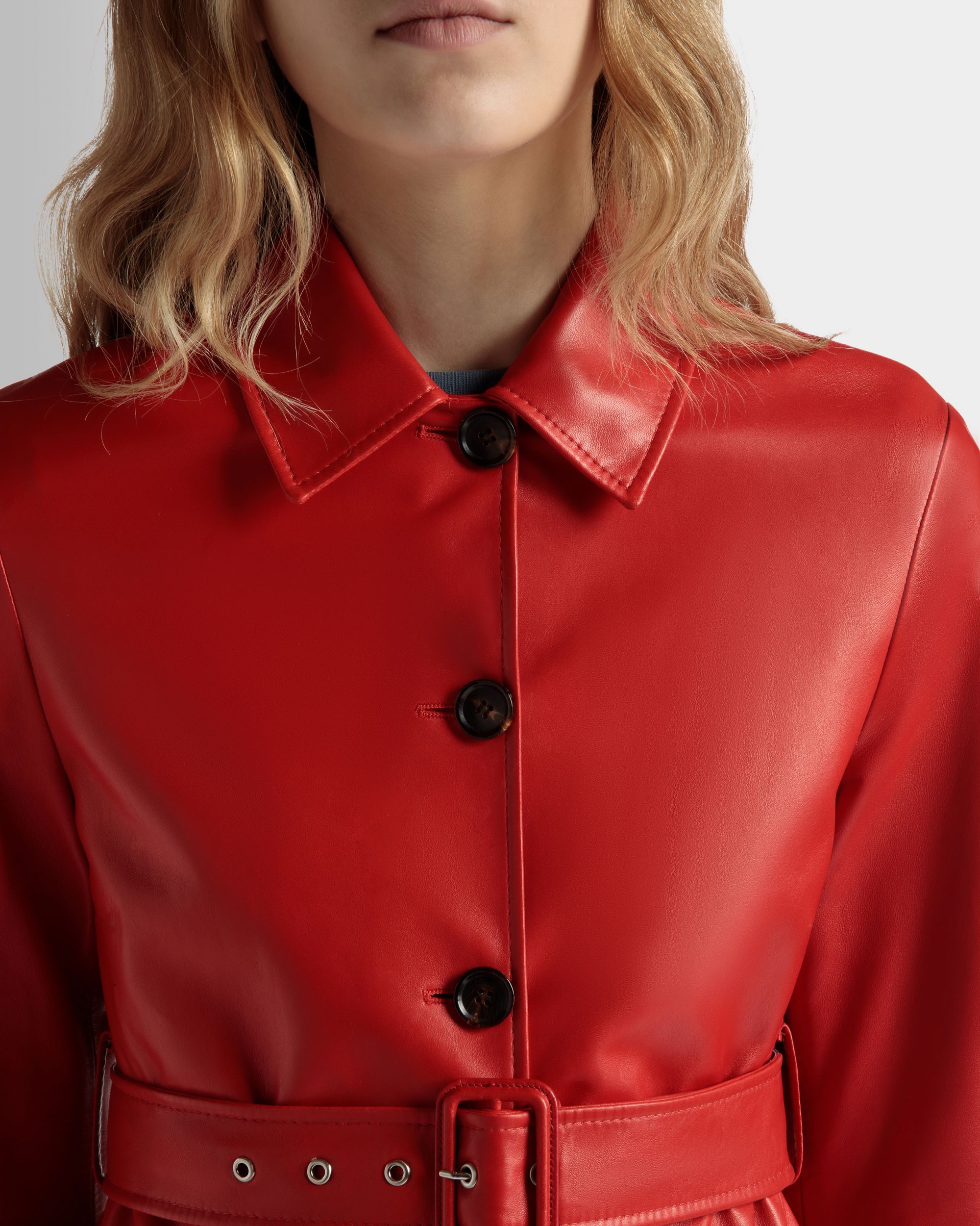 Manteau Midi À Ceinture En Cuir Candy Red - Femme - Bally - 04