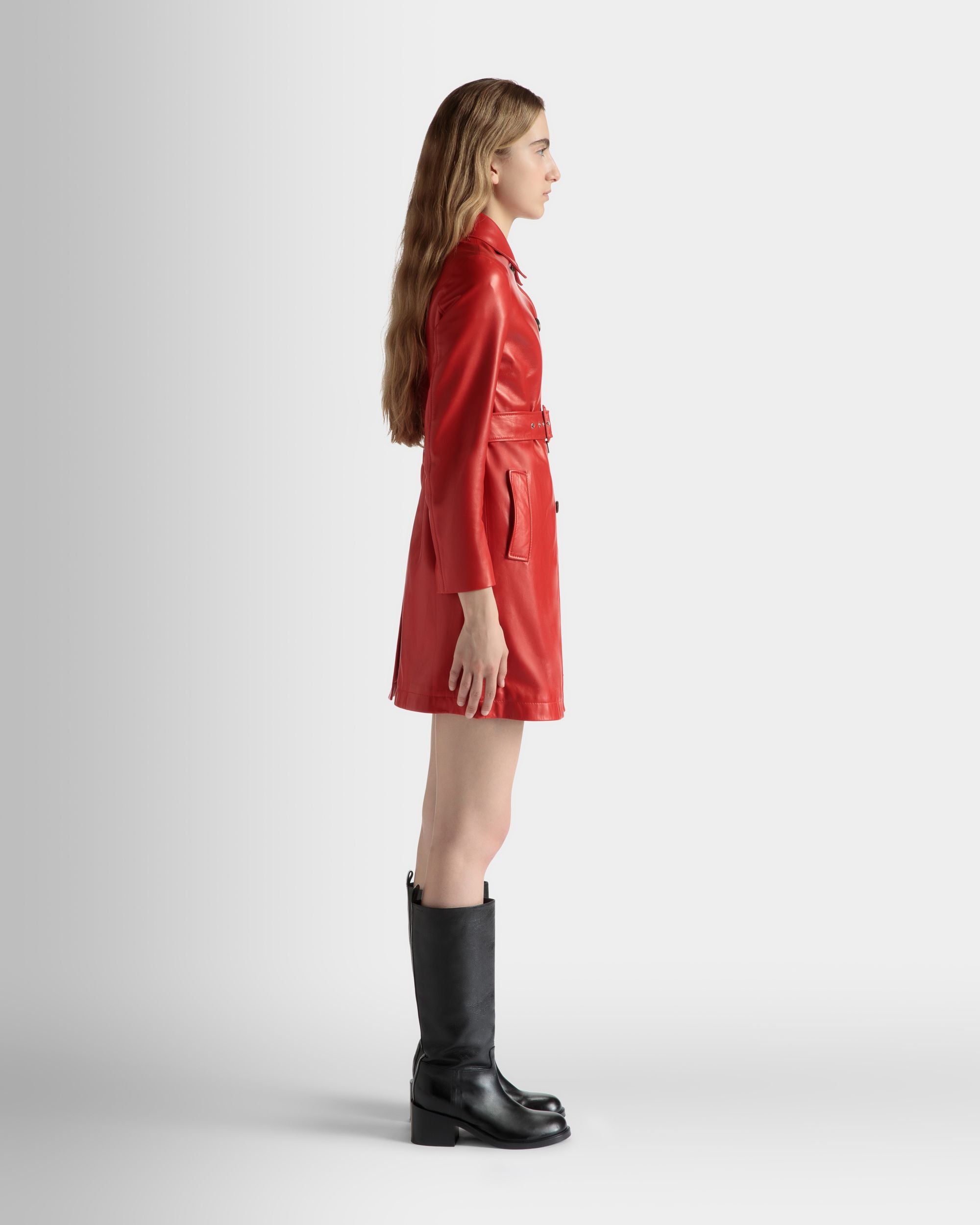 Manteau Midi À Ceinture En Cuir Candy Red - Femme - Bally - 05