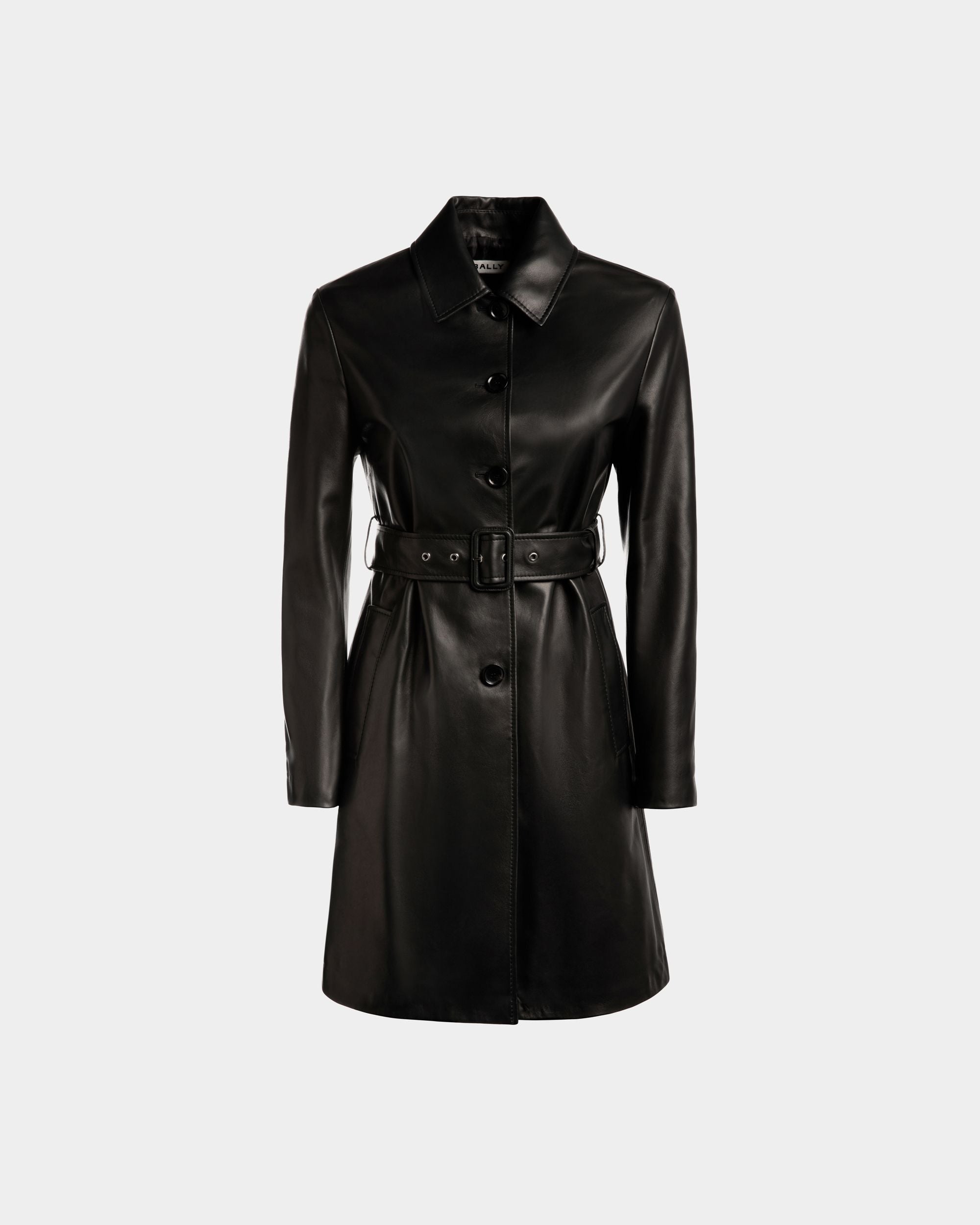 Belted Midi Coat in Black Leather - Women's - Bally - 01