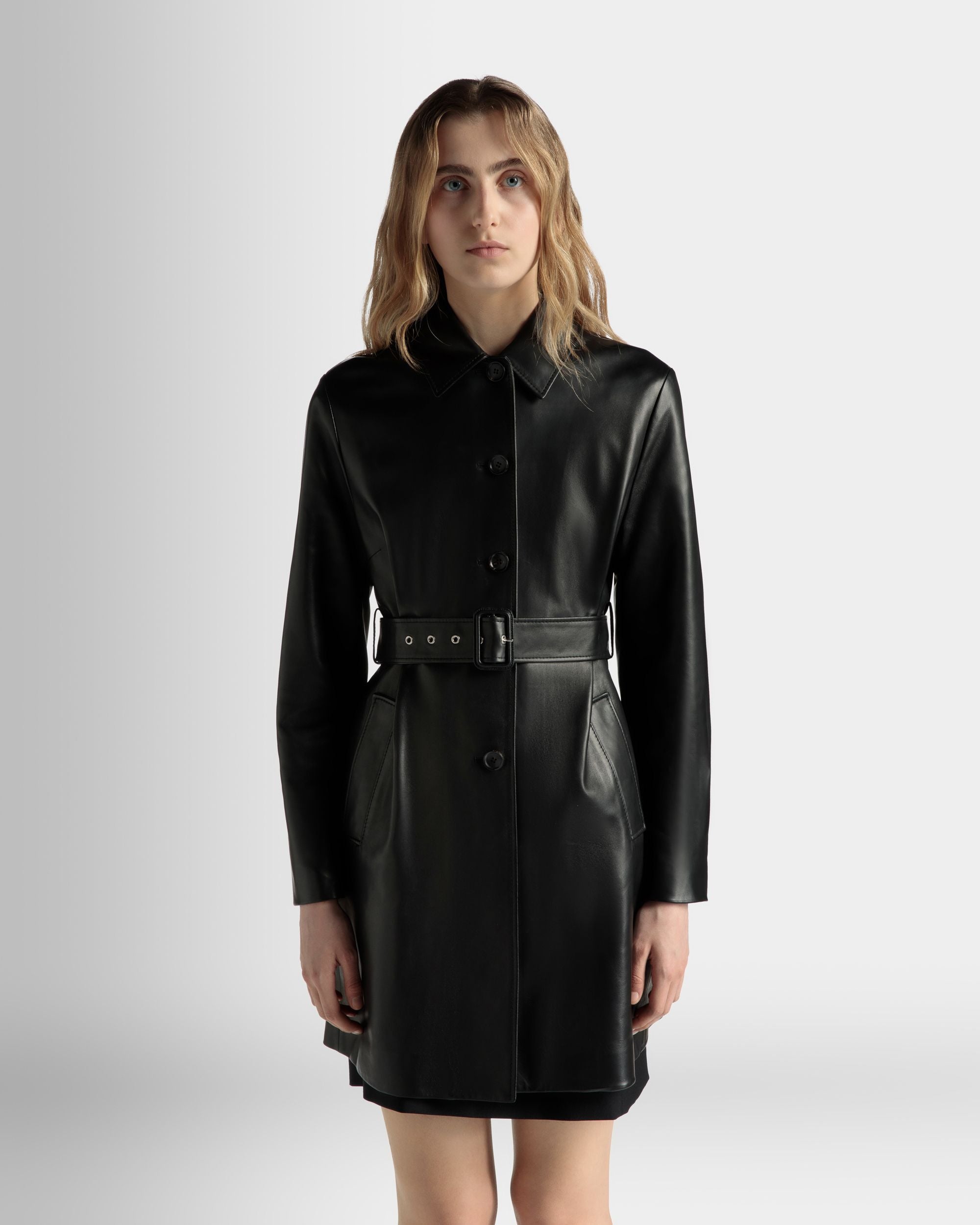 Midi-Mantel Mit Gürtel Aus Leder In Schwarz - Donna - Bally - 03