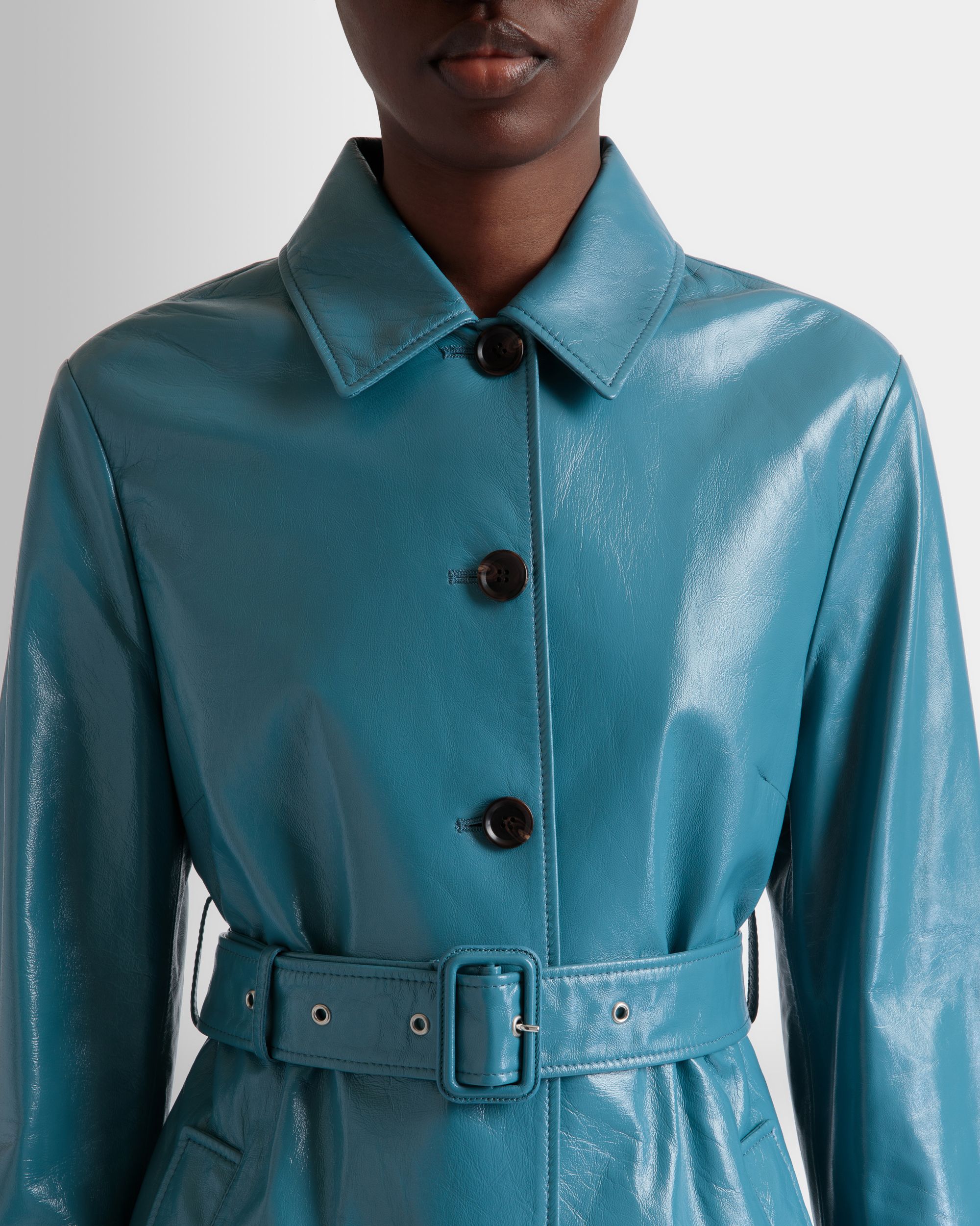 Mantel Mit Gürtel Aus Leder In Medium Blue - Donna - Bally - 03