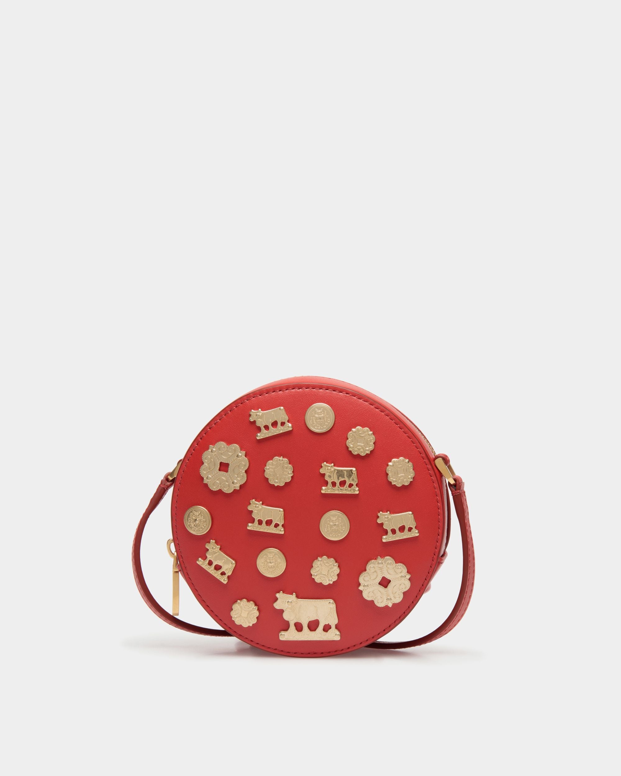 Swissness Round Minibag With Studs In Candy Red Leather - Women's - Bally - 01