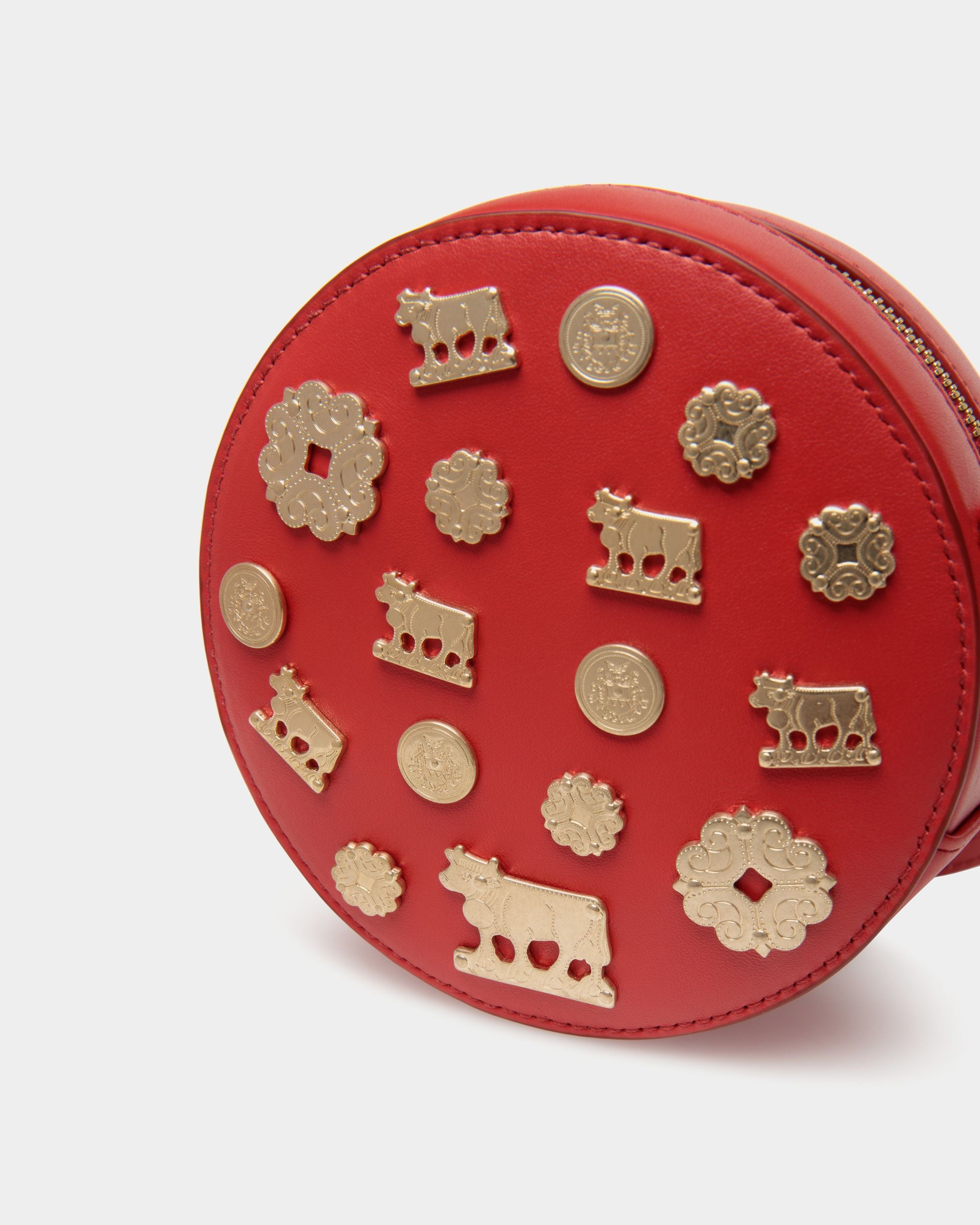 Swissness Round Minibag With Studs In Candy Red Leather - Women's - Bally - 04