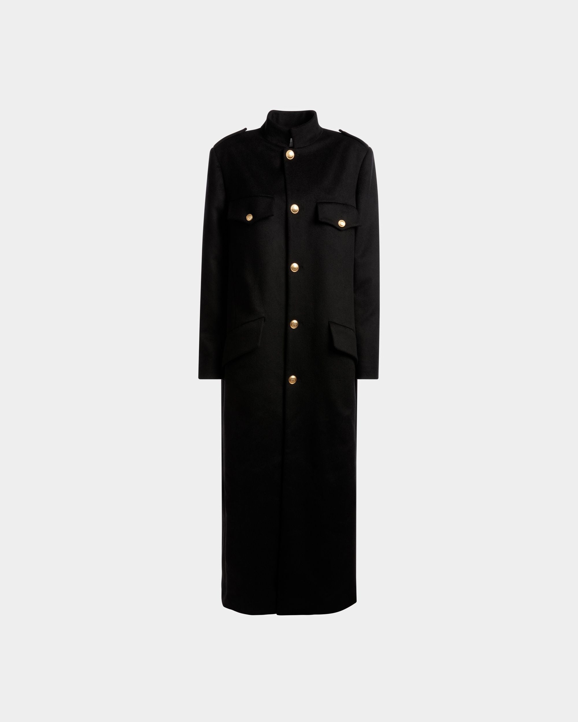 Manteau Boutonné Long En Laine Mélangée Bleu Marine - Femme - Bally - 01