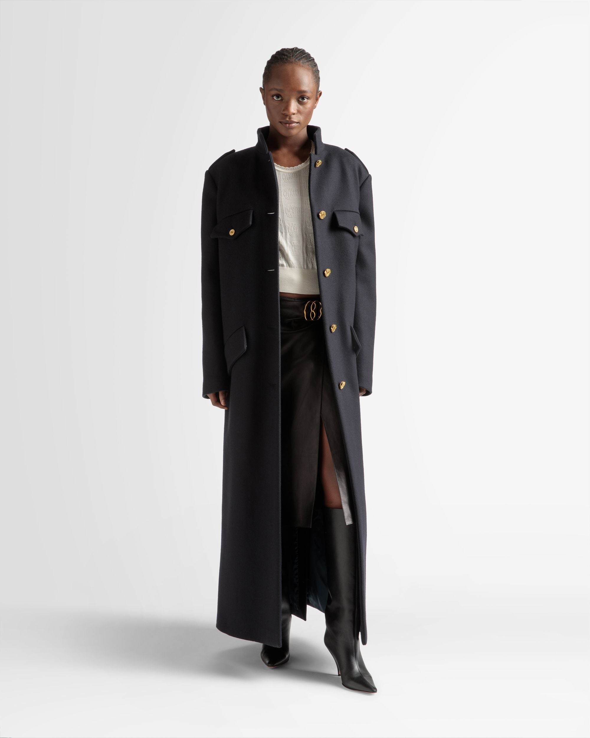 Manteau Boutonné Long En Laine Mélangée Bleu Marine - Femme - Bally - 02