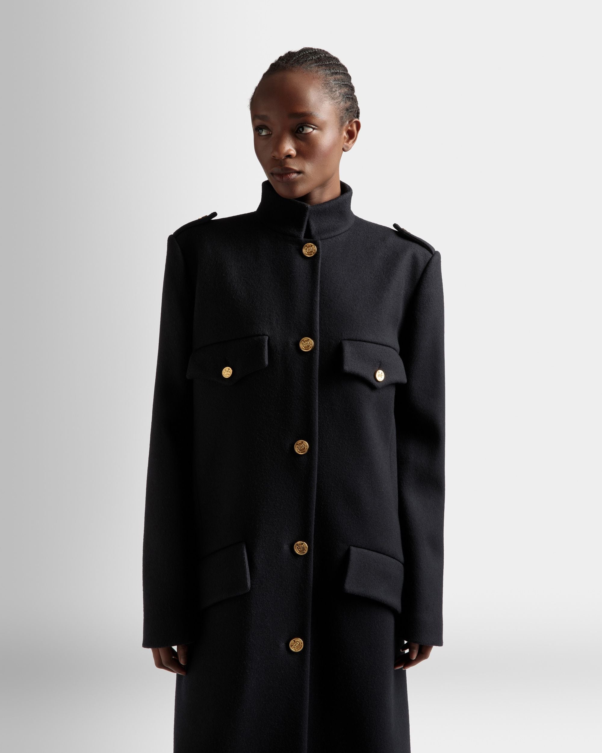 Manteau Boutonné Long En Laine Mélangée Bleu Marine - Femme - Bally - 03