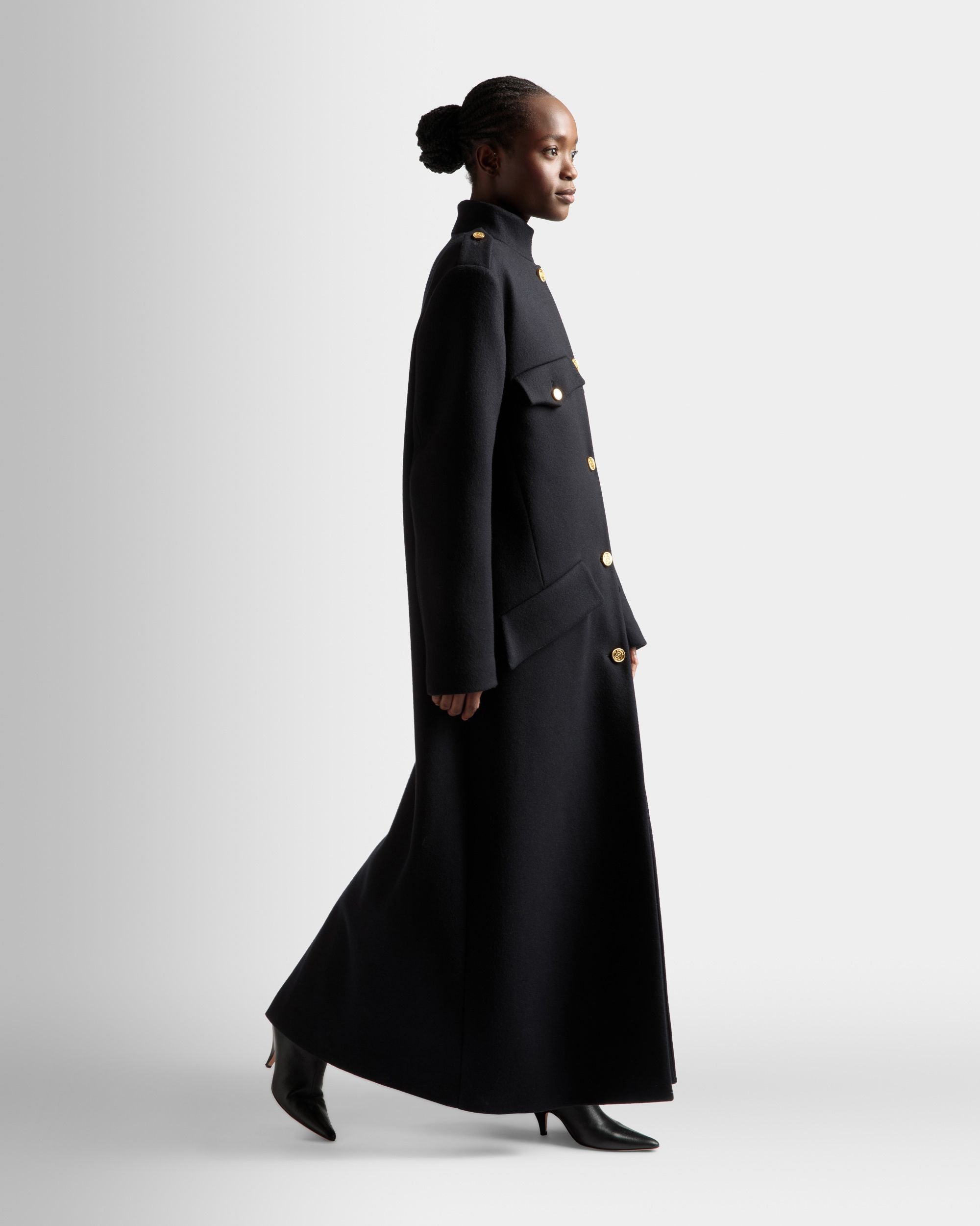 Manteau Boutonné Long En Laine Mélangée Bleu Marine - Femme - Bally - 05