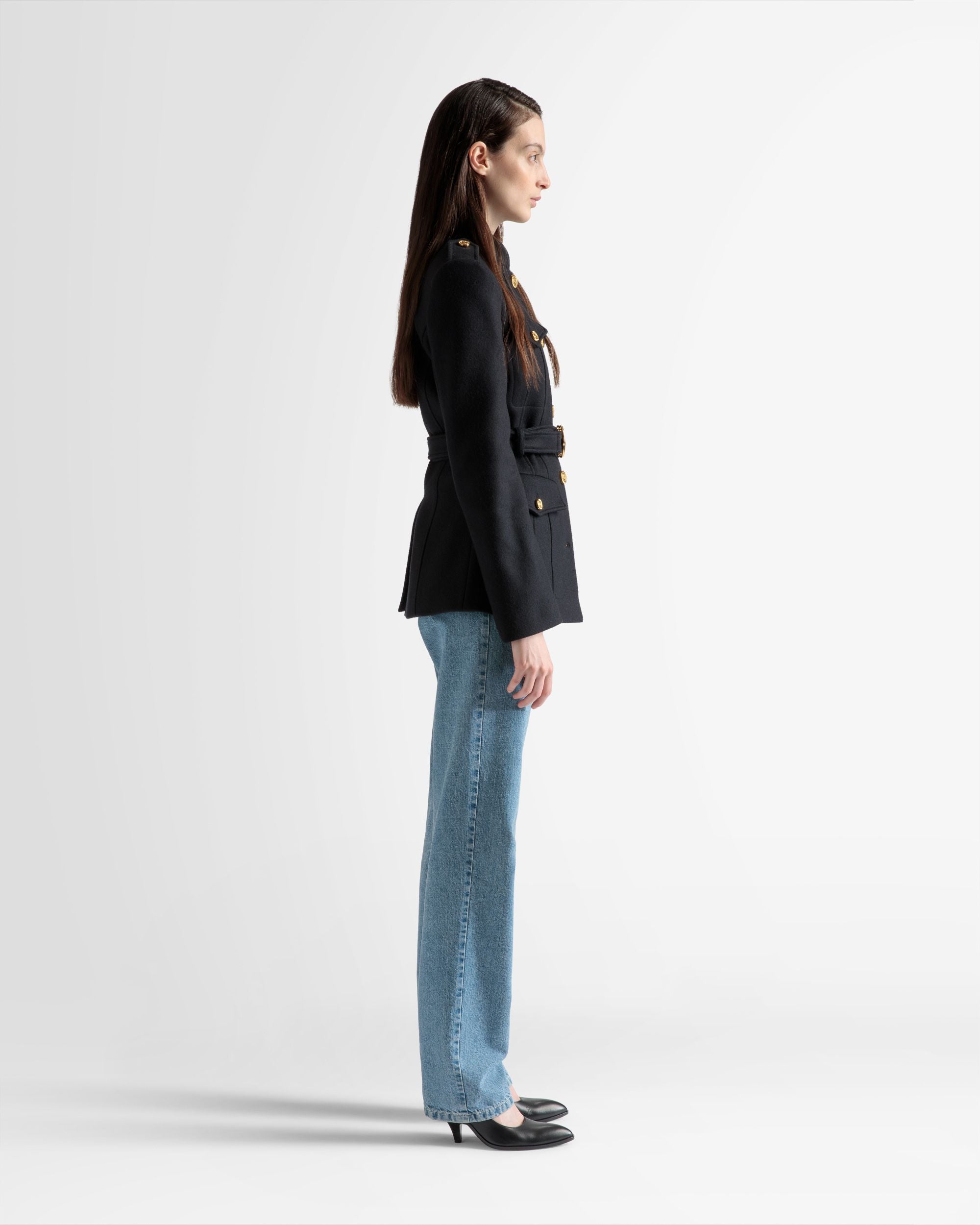 Veste avec ceinture En laine bleu marine - Femme - Bally - 05