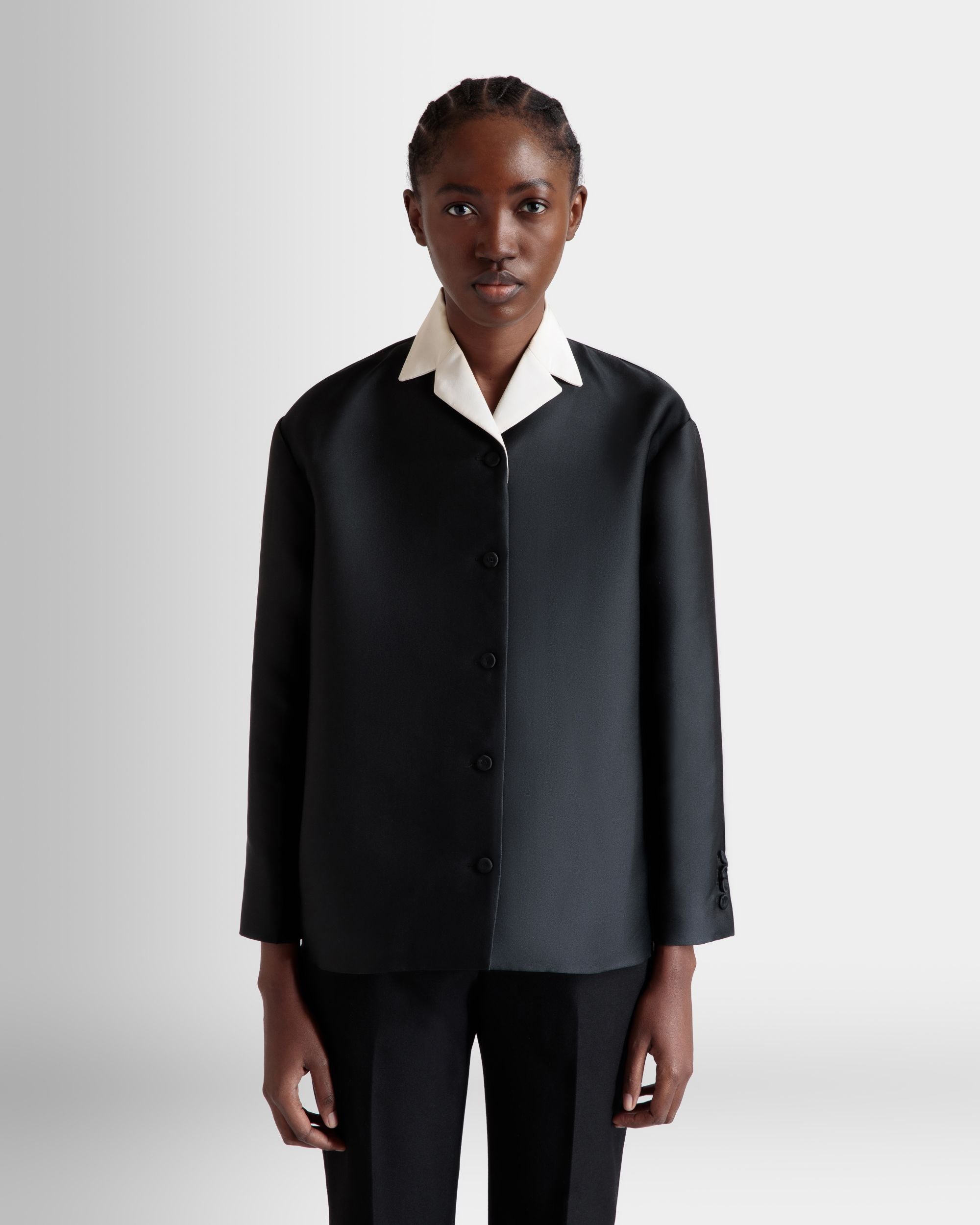 Contrast Collar Blazer In Black Silk Blend - Women's - Bally - 03