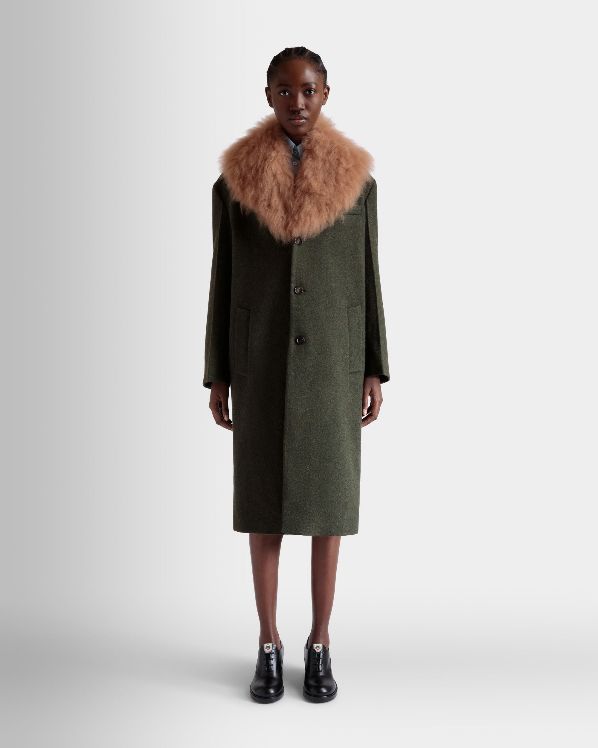 Single-Breasted Coat In Dark Green Wool - Women's - Bally - 02