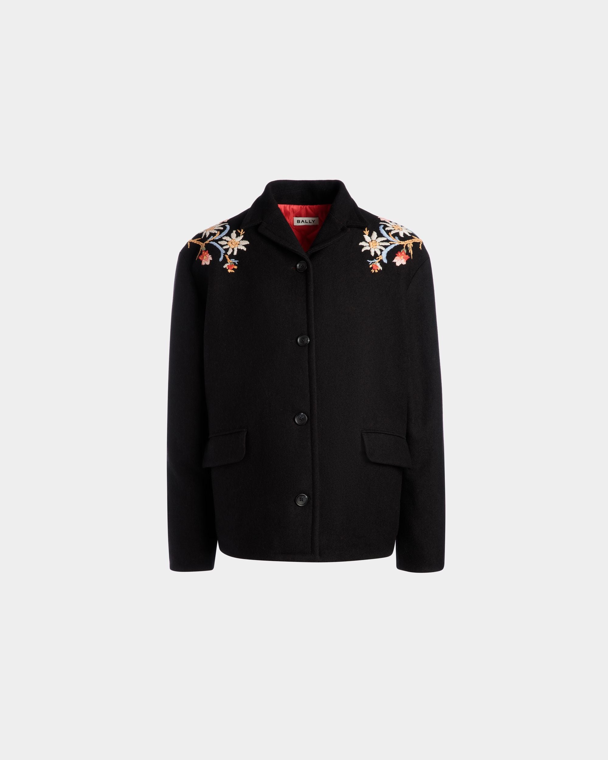 Winter Capsule Jacket With Alpine Flowers in a Black Wool Blend - Women's - Bally - 01