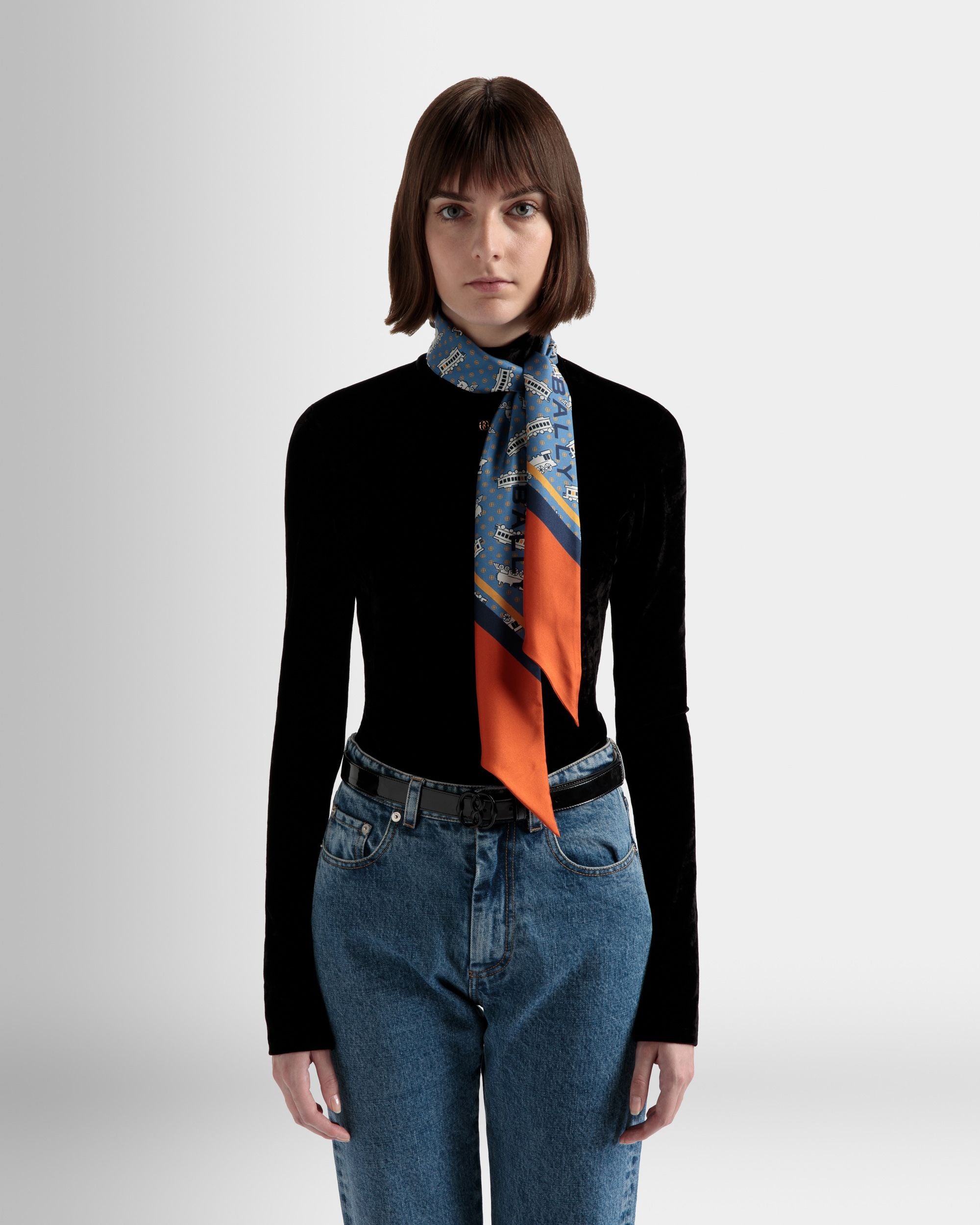 Seidenschal mit Train-Print Aus blauer Seide - Damen - Bally - 02