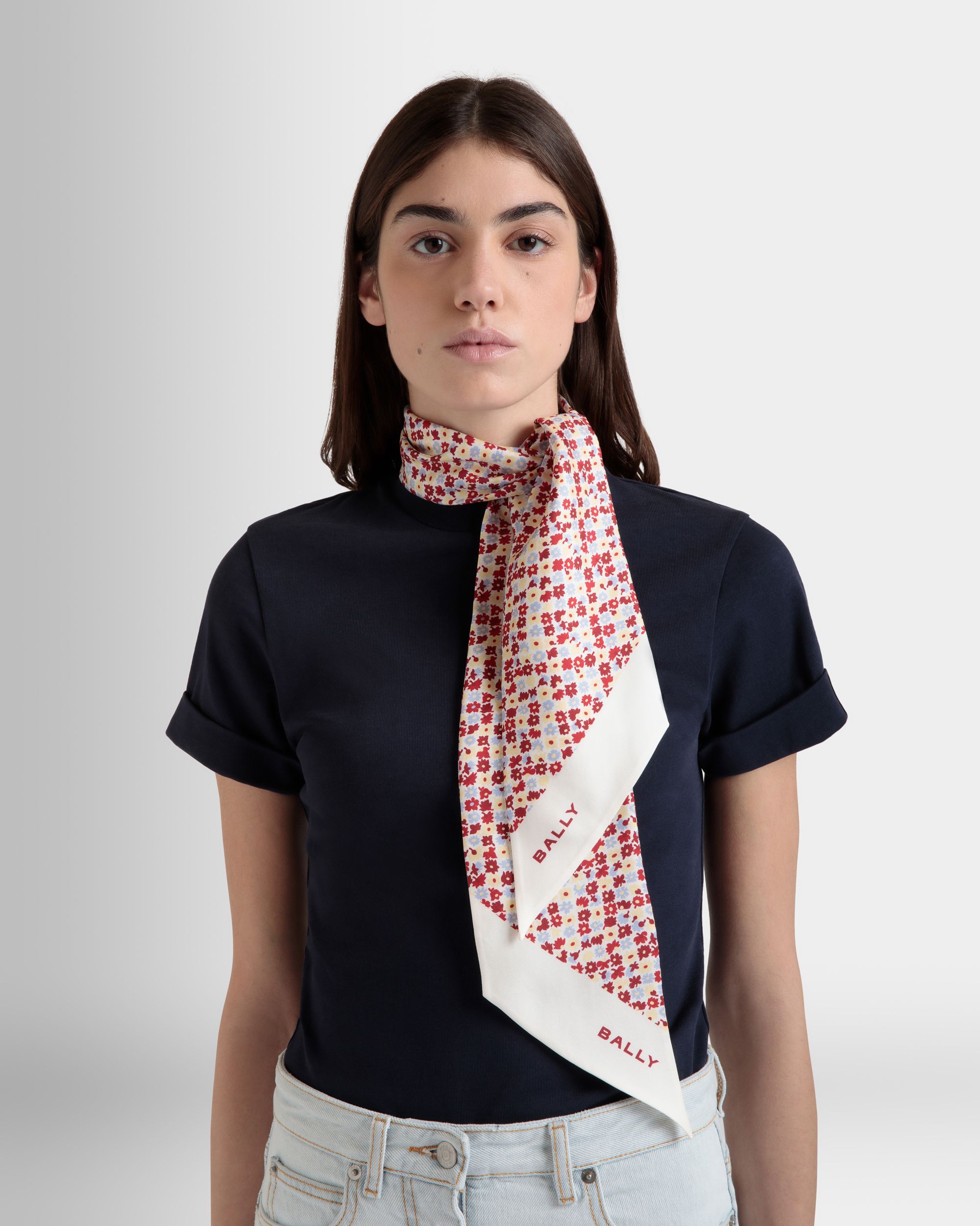 Silk Scarf with Microflowers in Ivory - Women's - Bally - 04
