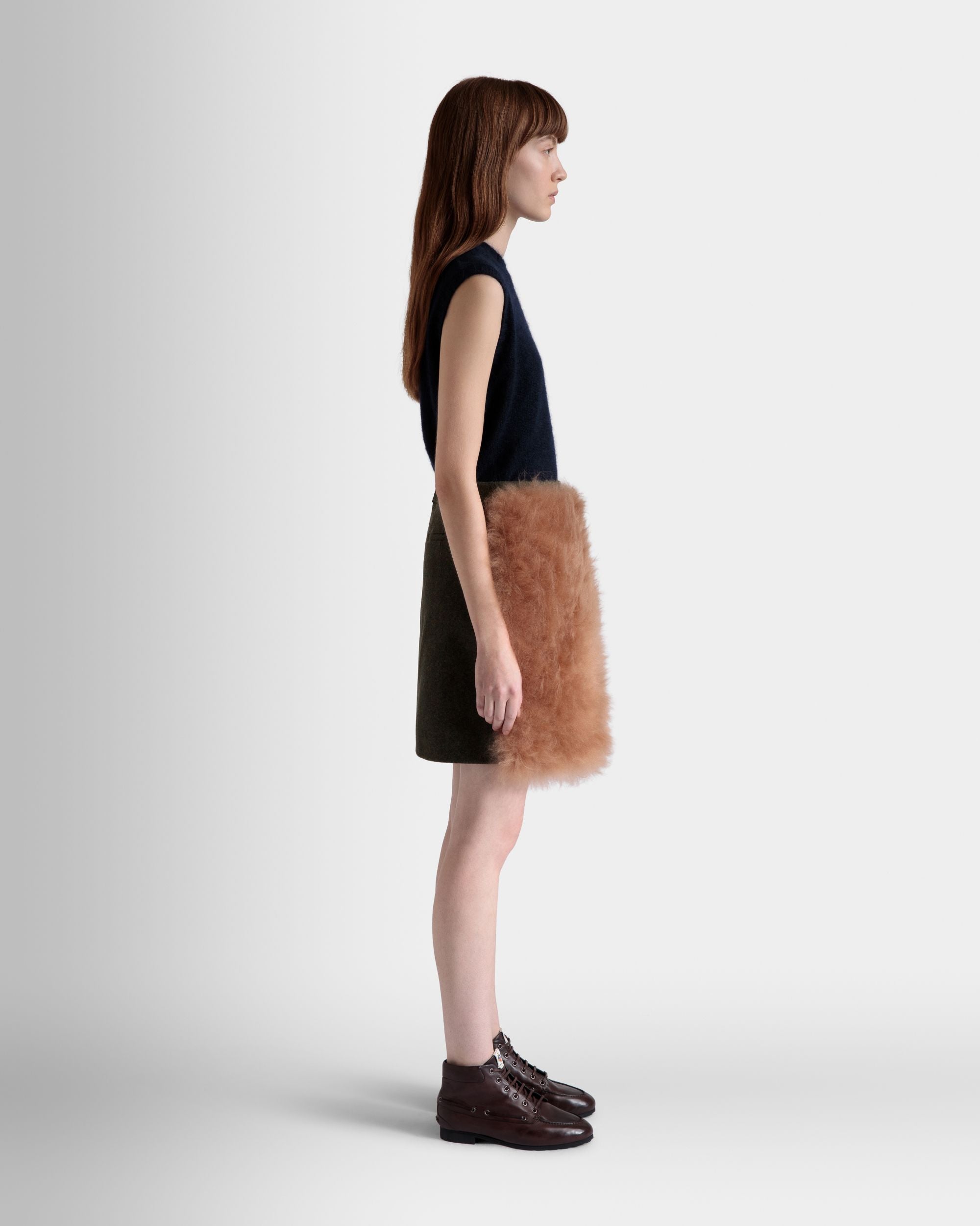 Mini Skirt In Dark Green And Praline Beige Wool and Shearling - Women's - Bally - 05
